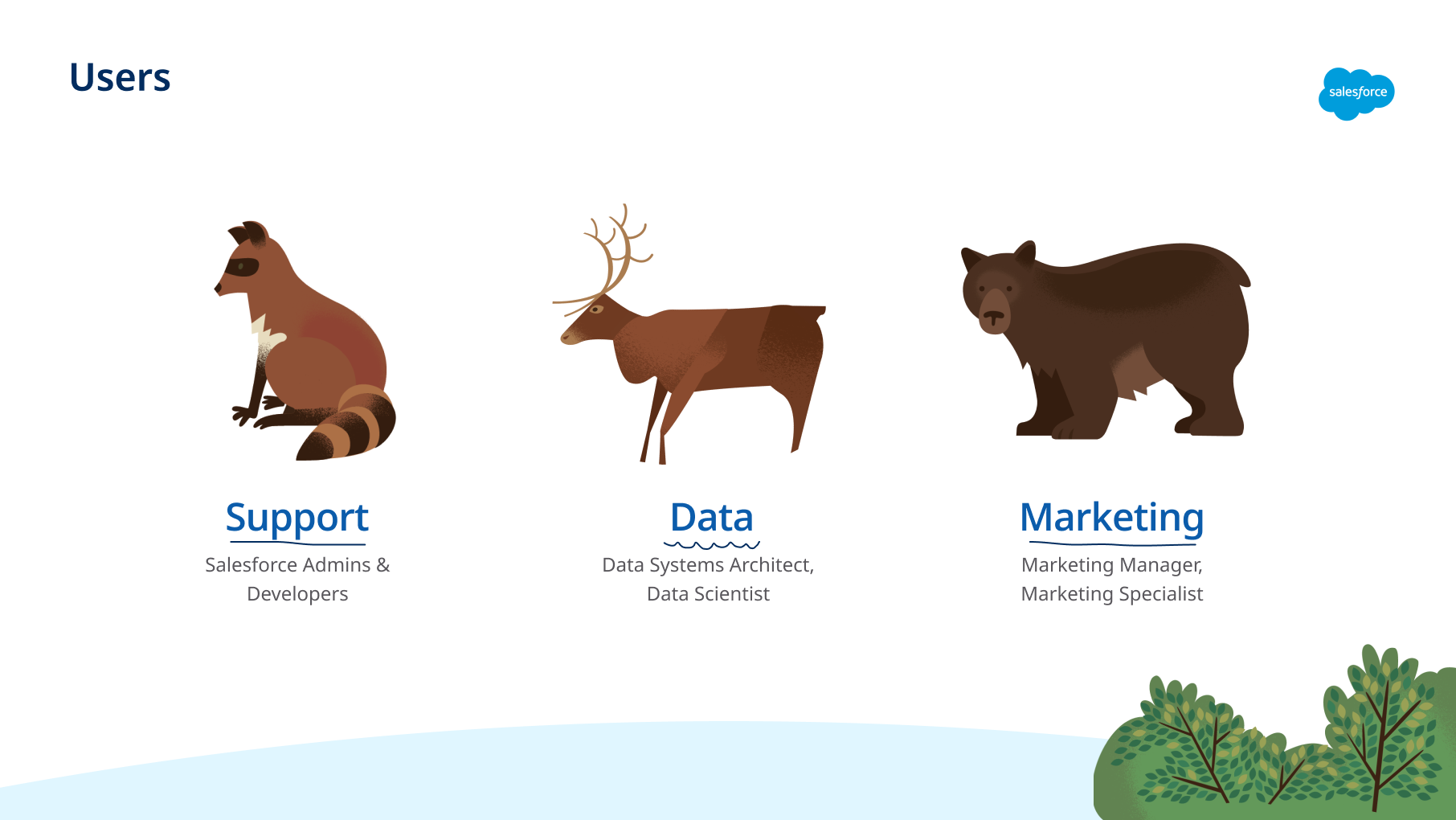 The 3 users for Salesforce CDP represented as woodland animals: Support staff, data staff, and marketing staff