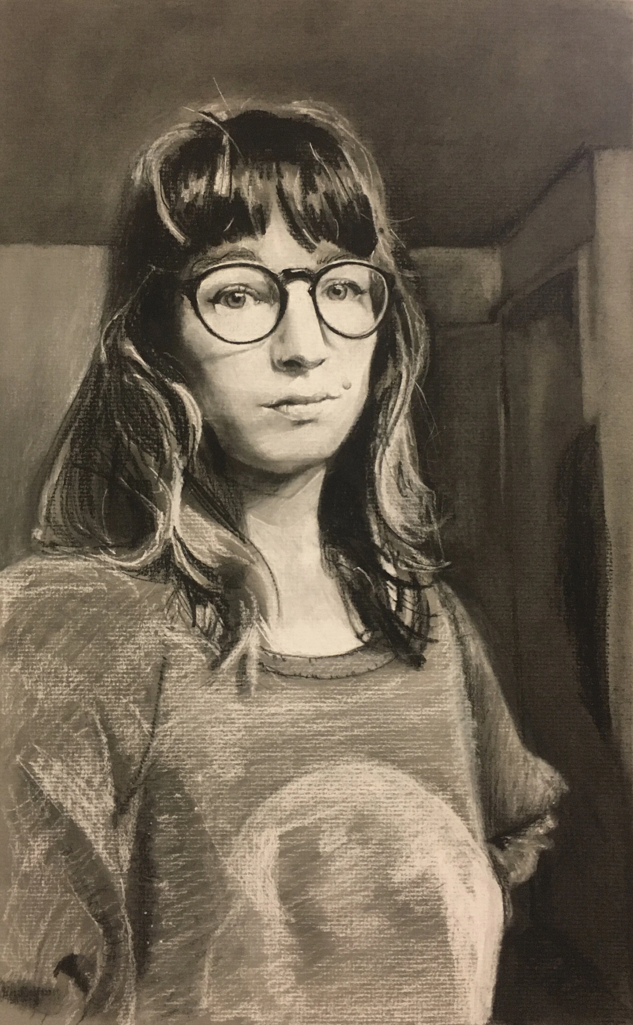 Portrait of a Mother, charcoal, 2020, self-portrait for Spitting Image competition at Gage Academy of Art
