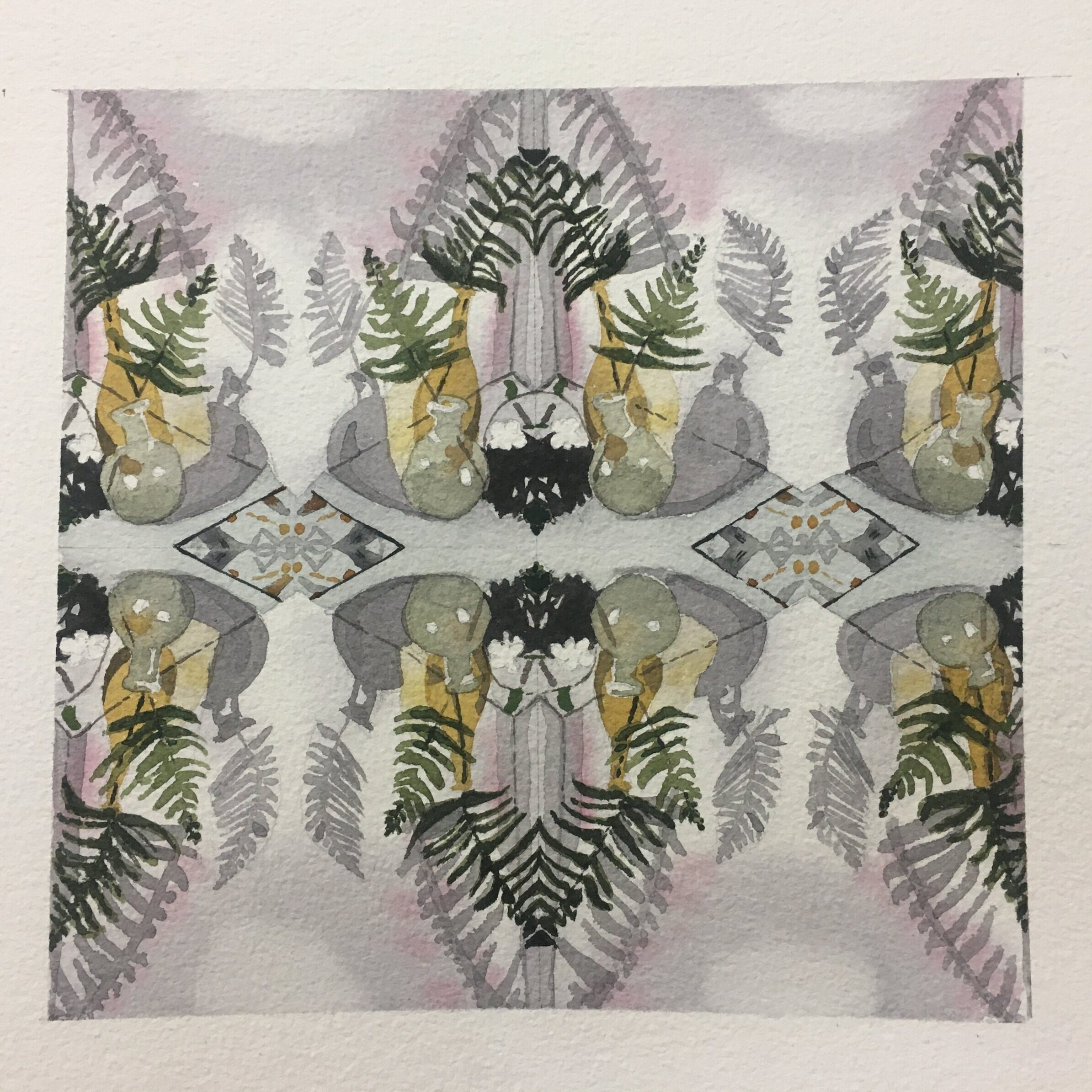 Fern Prism, watercolor, 10" x 10", 2020, still life of fern fronds as kaleidoscope 