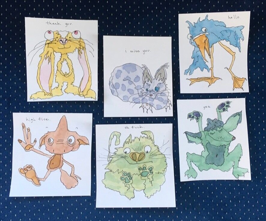 greeting card set, watercolor and ink, 2019