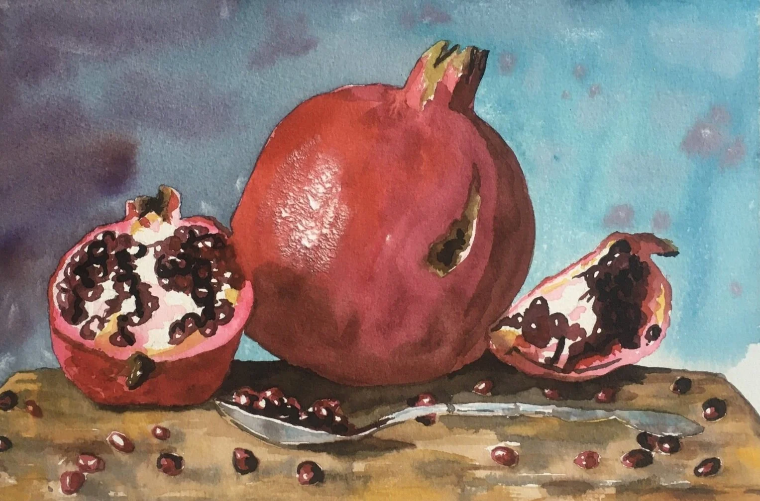 Pomegranates, watercolor, 8" x 12", 2019