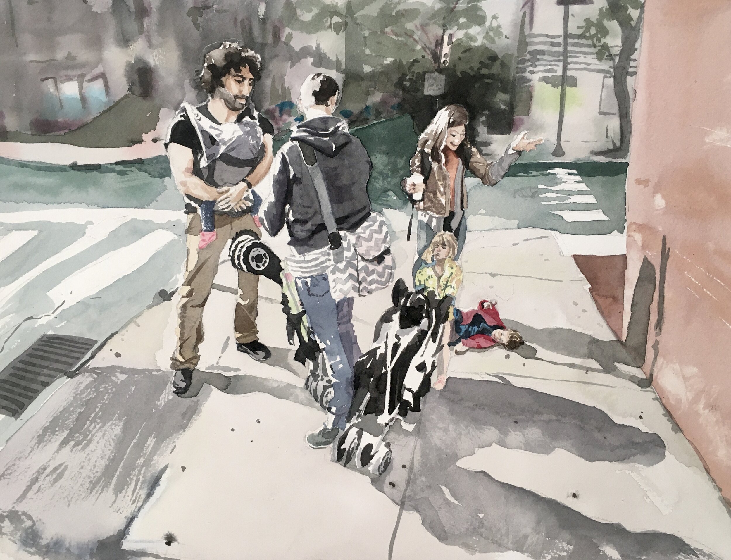 Waiting for the Bus, 12" x 16" in, 2019, watercolor, $100 USD SOLD