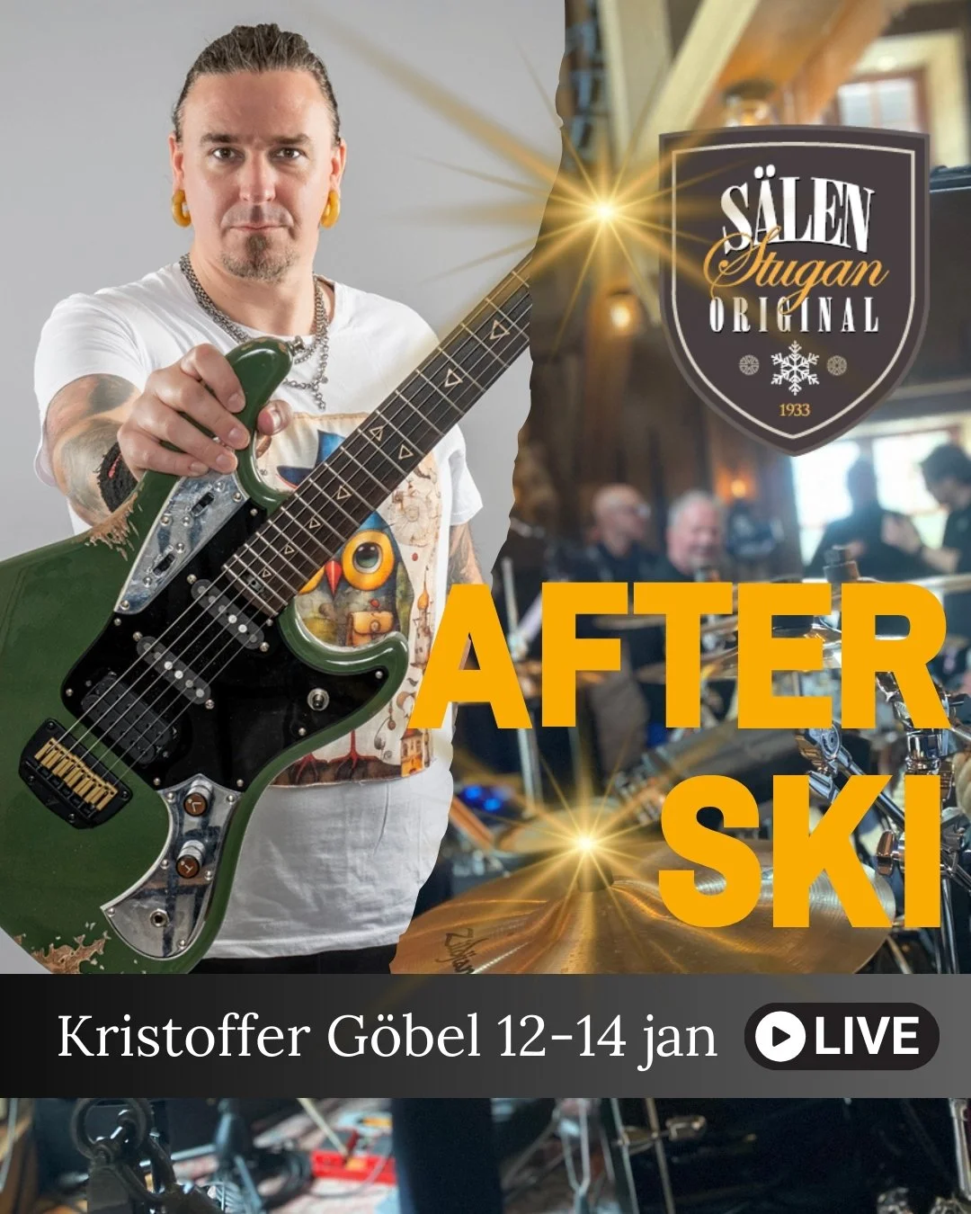 Kristoffer G&ouml;bel kickar ig&aring;ng veckans Afterski idag runt 15.00, varmt v&auml;lkomna🤩🎸. Vi har n&aring;gra lediga bord kvar b&aring;de f&ouml;r lunch och Afterski denna vecka s&aring; in och kika efter en tid som passar s&aring; ses vi sn