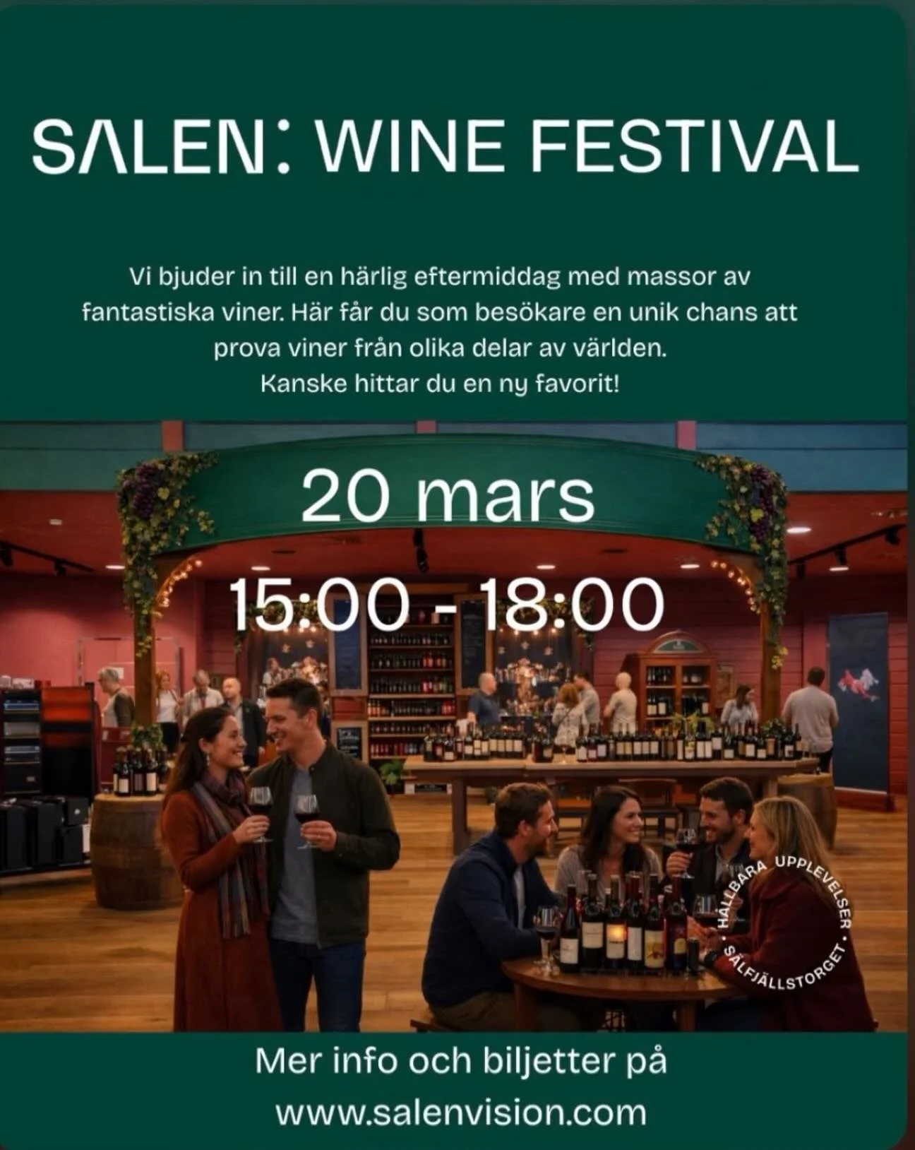 🍷 S&Auml;LEN WINE FESTIVAL &ndash; 20 MARS 15.00&ndash;18.00 🍷

En eftermiddag fylld av dofter, smaker och nya favoriter i glaset.
Uppt&auml;ck fantastiska viner fr&aring;n v&auml;rldens alla h&ouml;rn &ndash; m&ouml;t producenter, prata druvor och