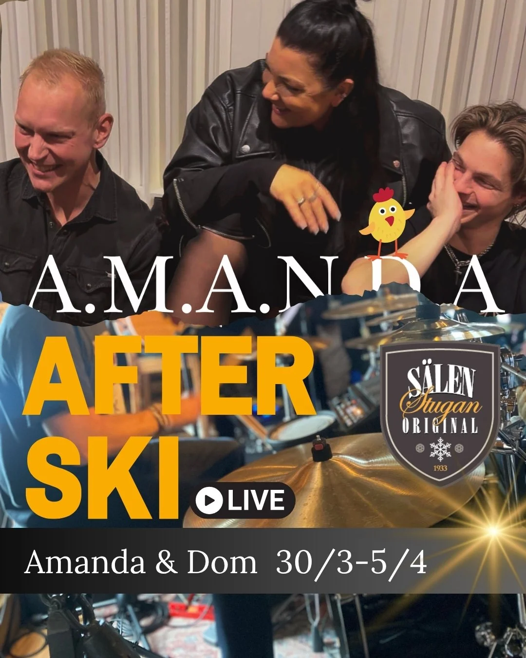 Denna p&aring;skvecka &auml;r det Amanda och Dom som &ouml;ser loss p&aring; afterskiscenen - det blir en riktig PANGP&Aring;SK!🐔 Hoppas vi ses! 

Boka bord f&ouml;r lunch och afterski p&aring; www.salenstuganoriginal.se😍

 #s&auml;lenstuganorigina