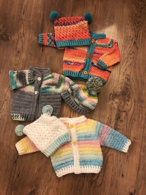Handmade infant sweater and hat sets (0-6 months)
