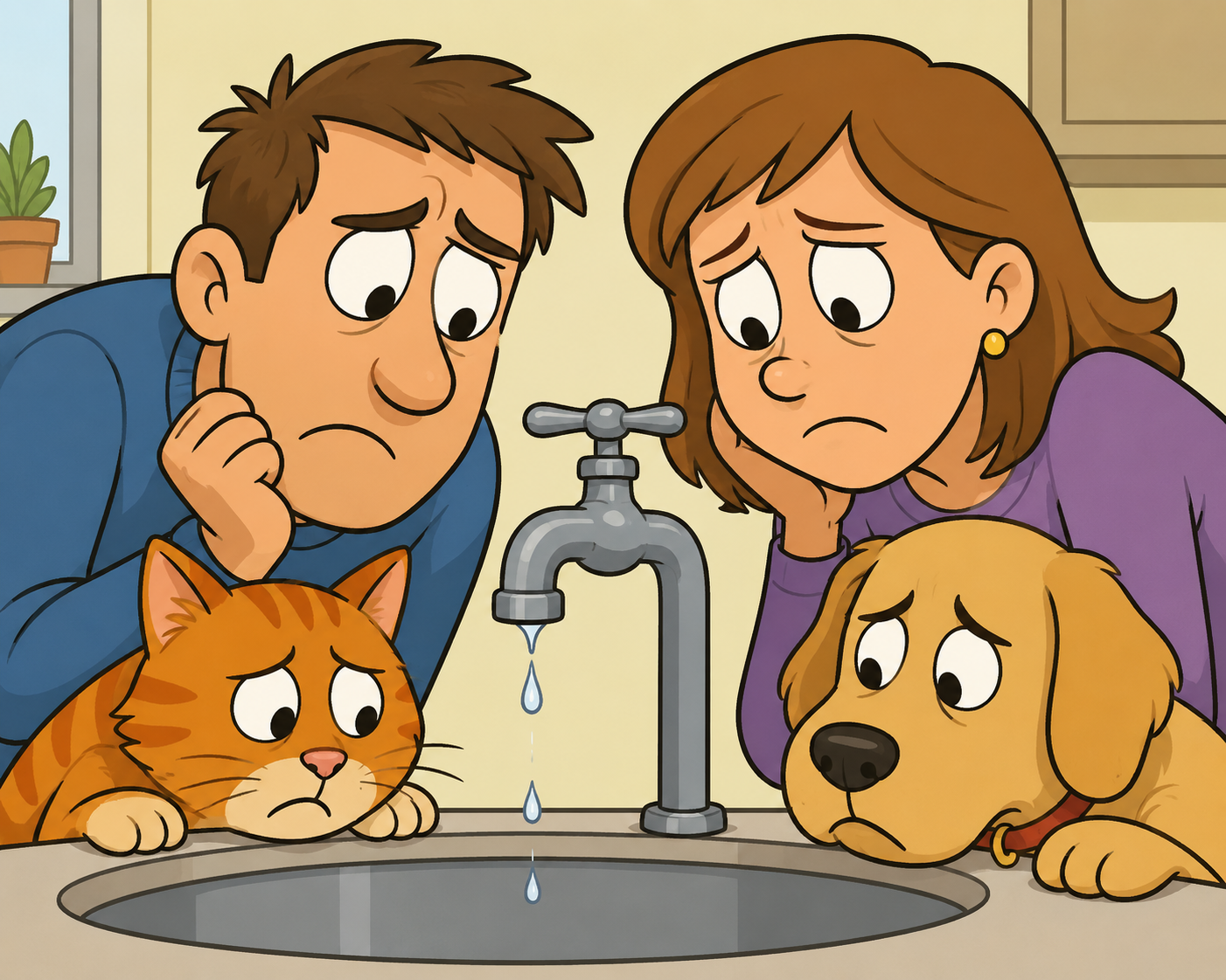 Image of man, woman, cat, and dog staring sadly at faucet slowly dripping.