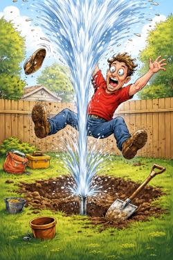 Shocked homeowner leaping into the air because he accidently dug into a water line which is bursting