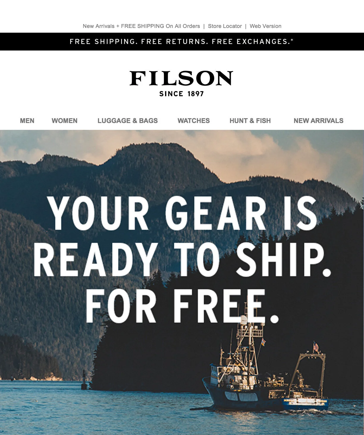 A fishing boat in the water with a message saying "Your gear is ready to ship for free.