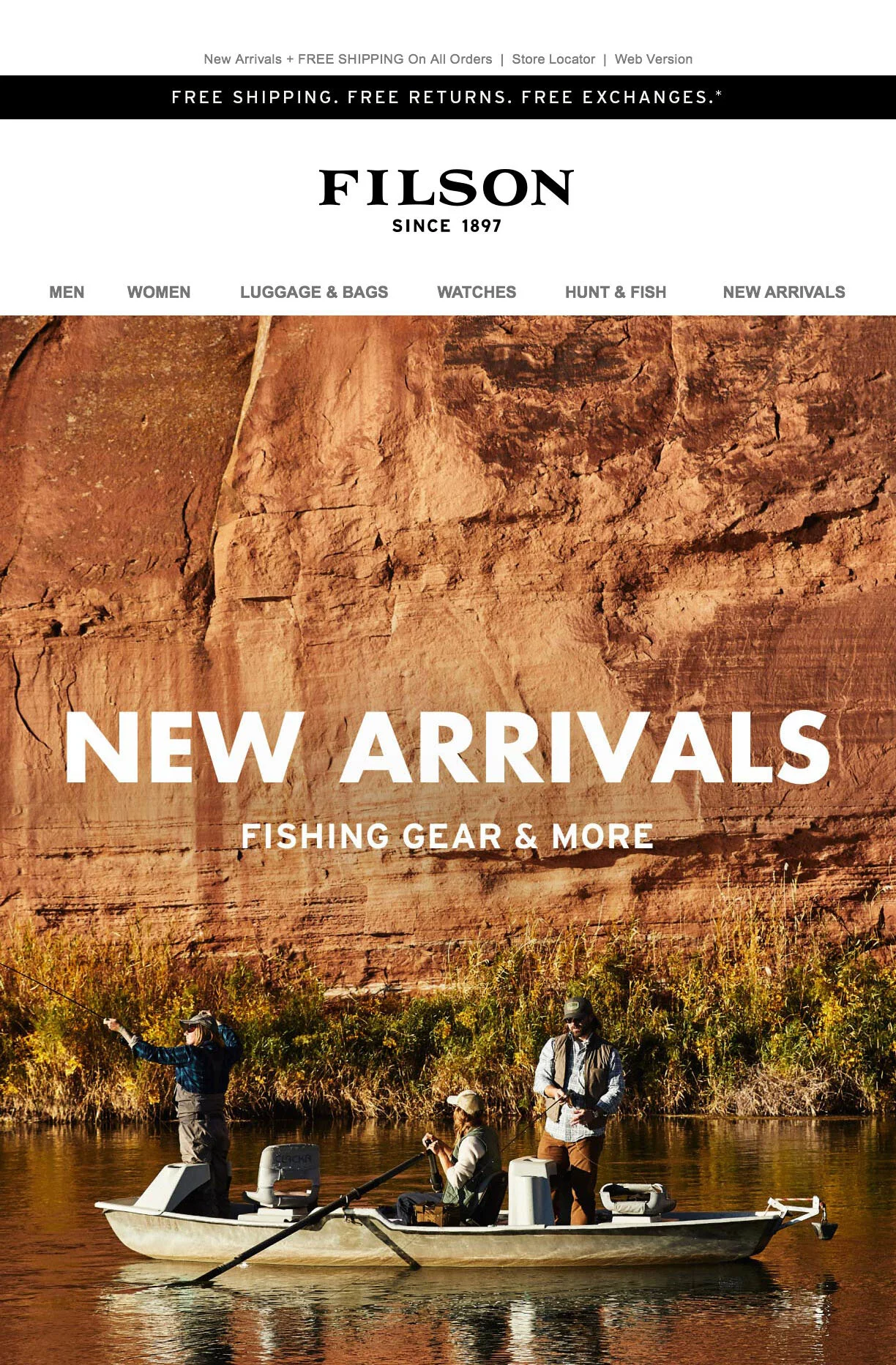 Two women and one man fly fishing in the Yakima river. The message says "New Arrivals. Fishing gear and more."