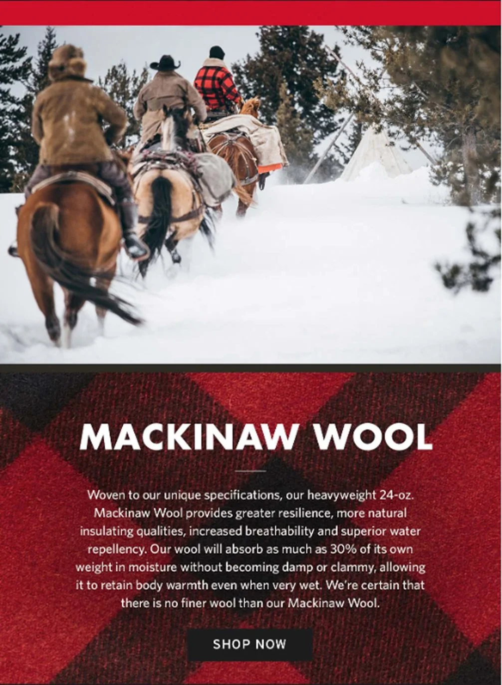 Three men on horses walking in the snow. The first man is wearing the lined wool packer. Below is a close up image of Mackinaw wool with information about the wool.
