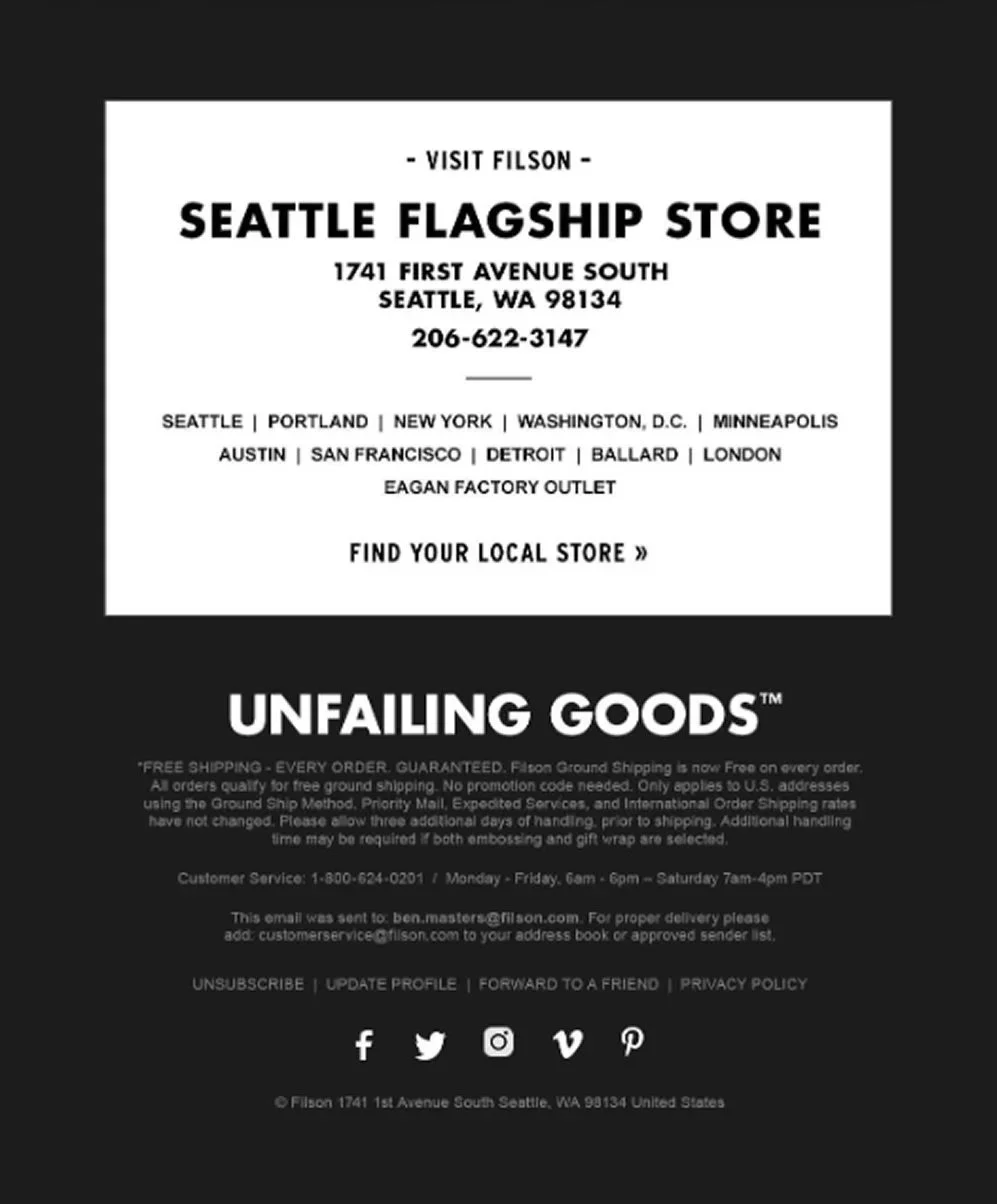 The footer of the email with a store location and phone number.