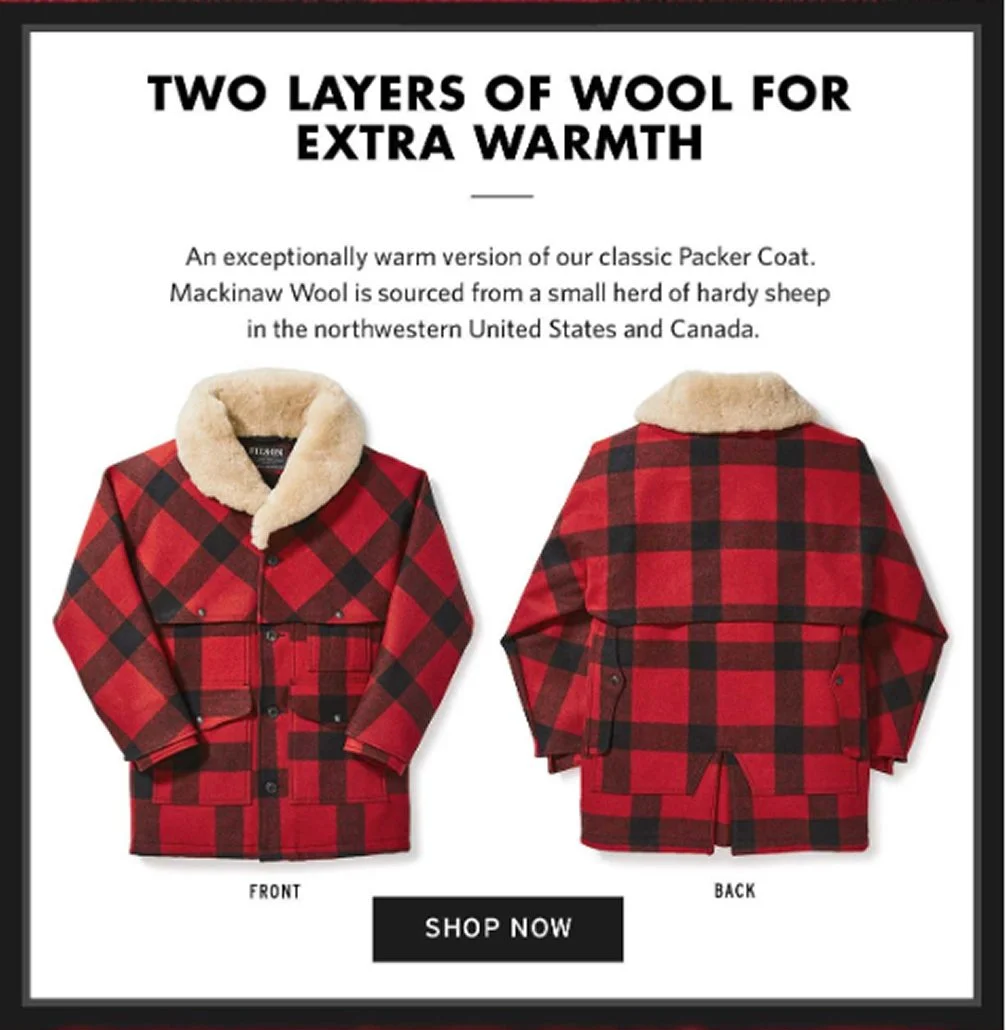 The front and back of Lined Wool Packer with content discussing the two layers of wool.