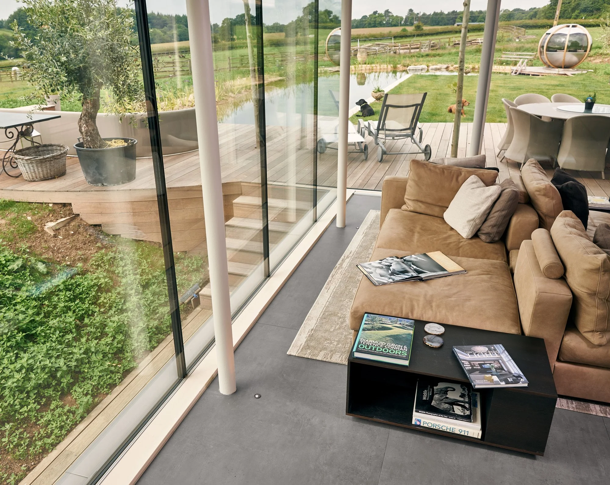 Concrete look porcelain tile providing a seamless, uniform surface.