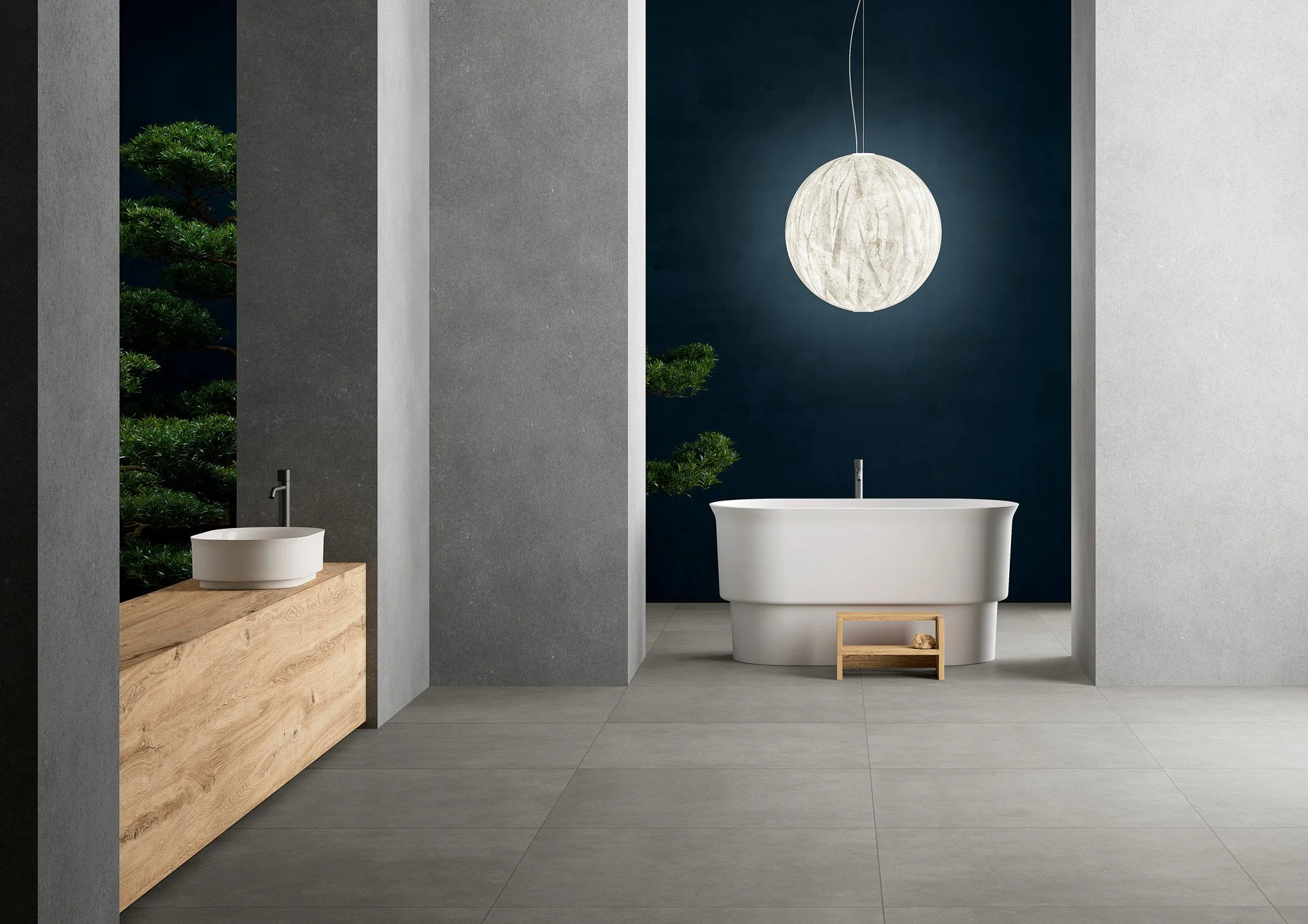 Cement-inspired porcelain tile offering a refined industrial appearance.