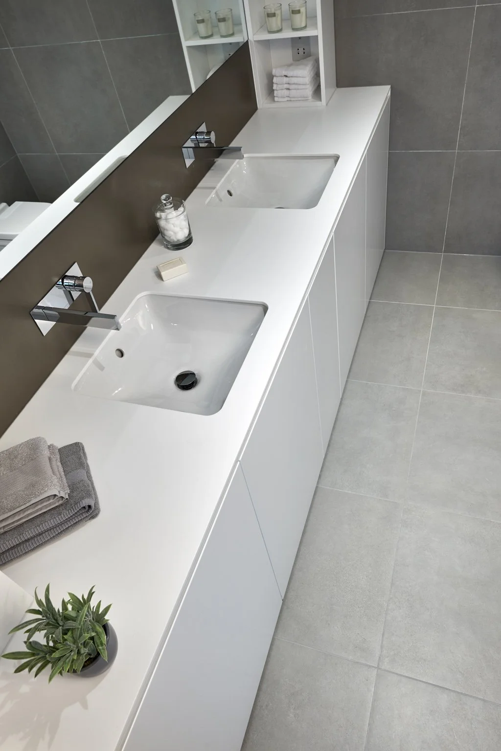 Durable concrete look porcelain tile ideal for high-traffic areas.