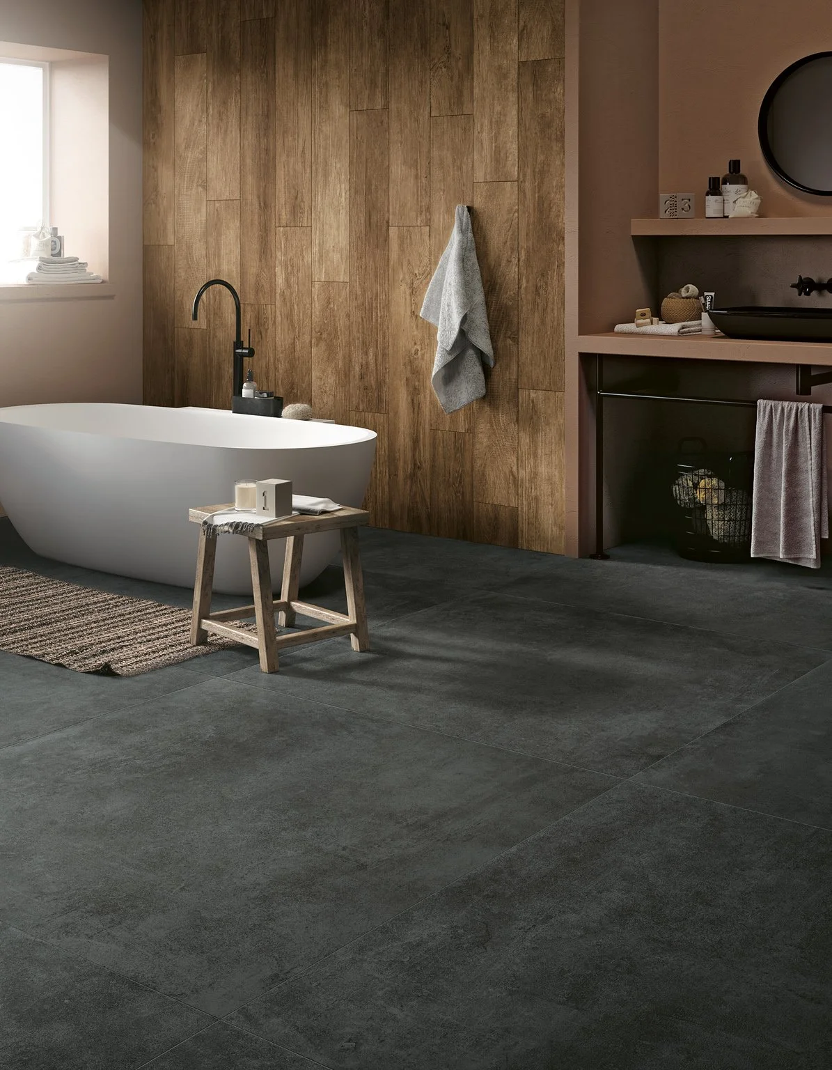 Concrete effect porcelain tile offering durability and urban elegance.