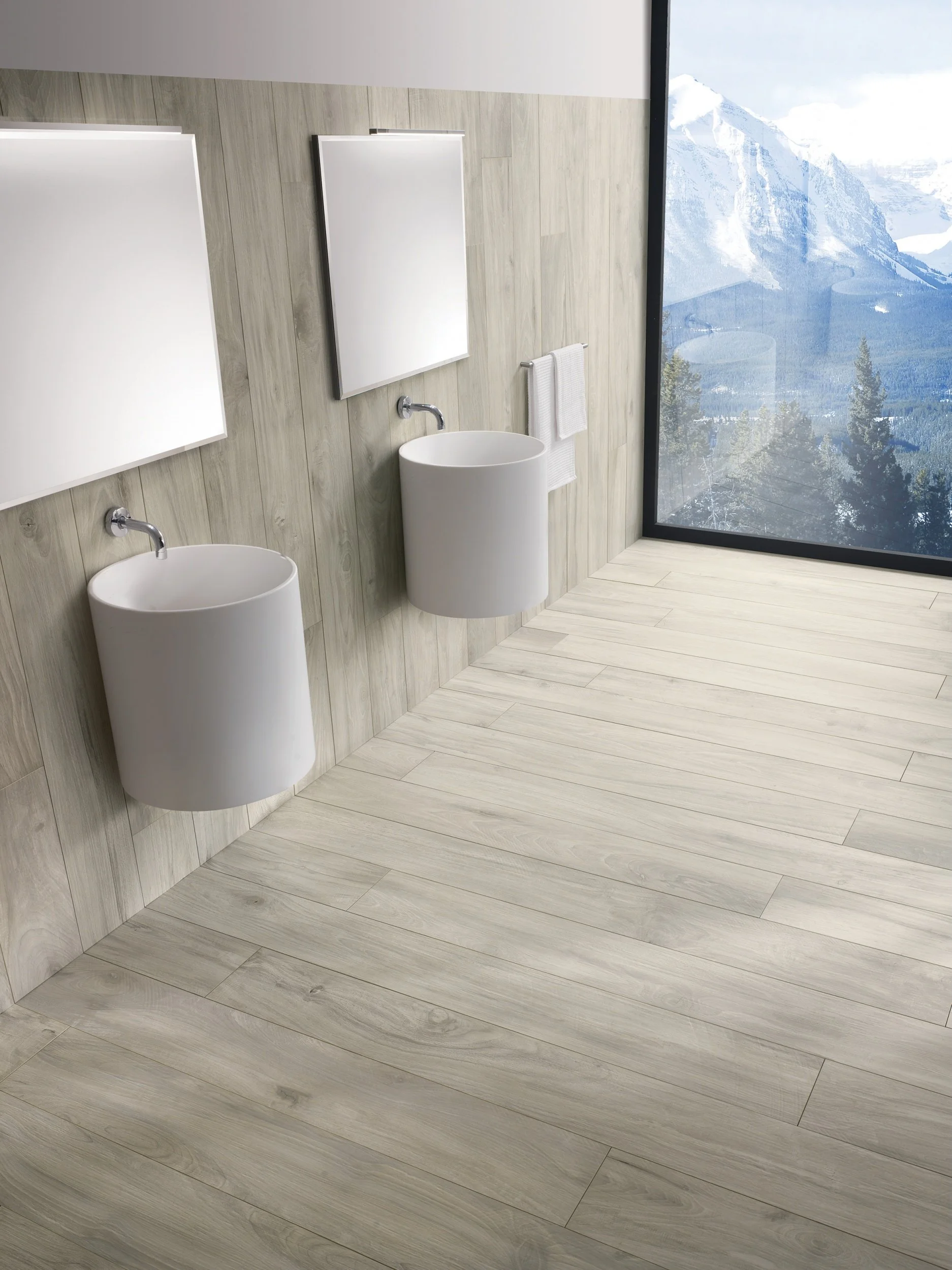 Authentic wood look porcelain plank tile with subtle color variation and texture.