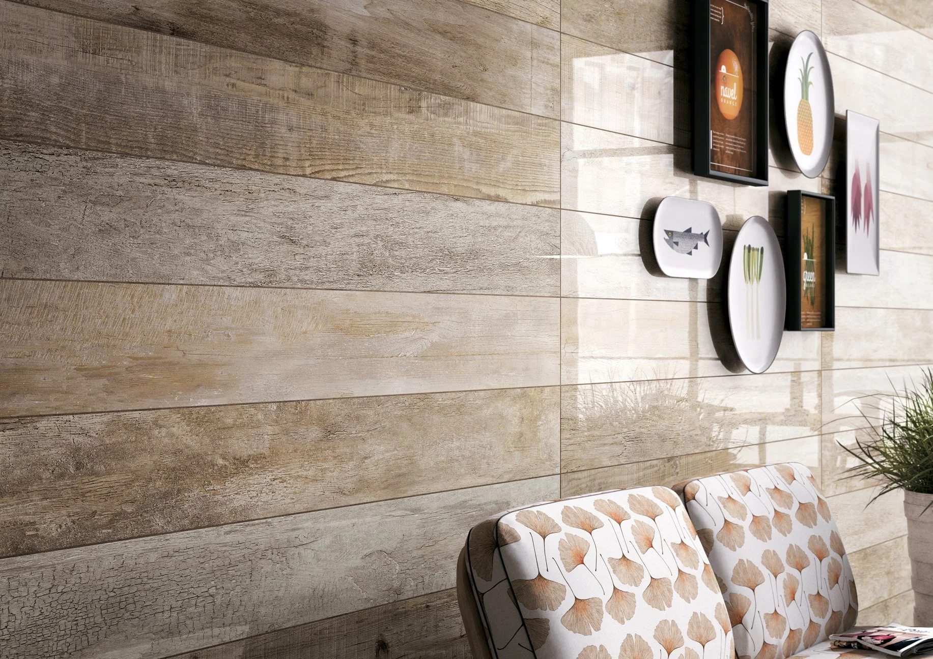 Long plank wood look porcelain tile delivering a seamless and contemporary floor design.