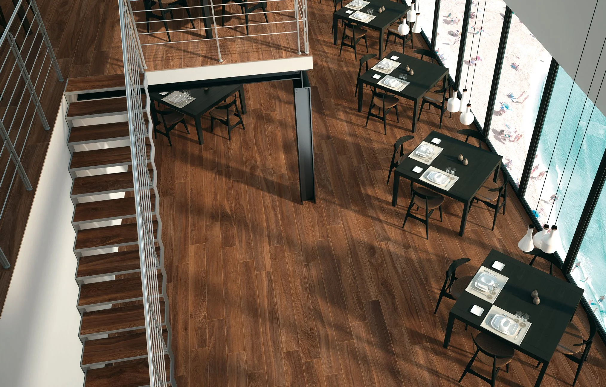 Wide plank porcelain wood look tile creating a warm, contemporary living space in Toronto.