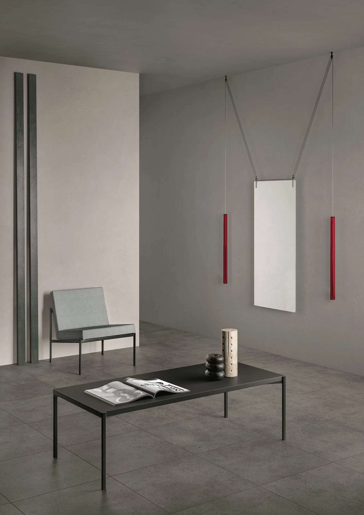 Neutral grey concrete look tile flooring enhancing contemporary interiors.