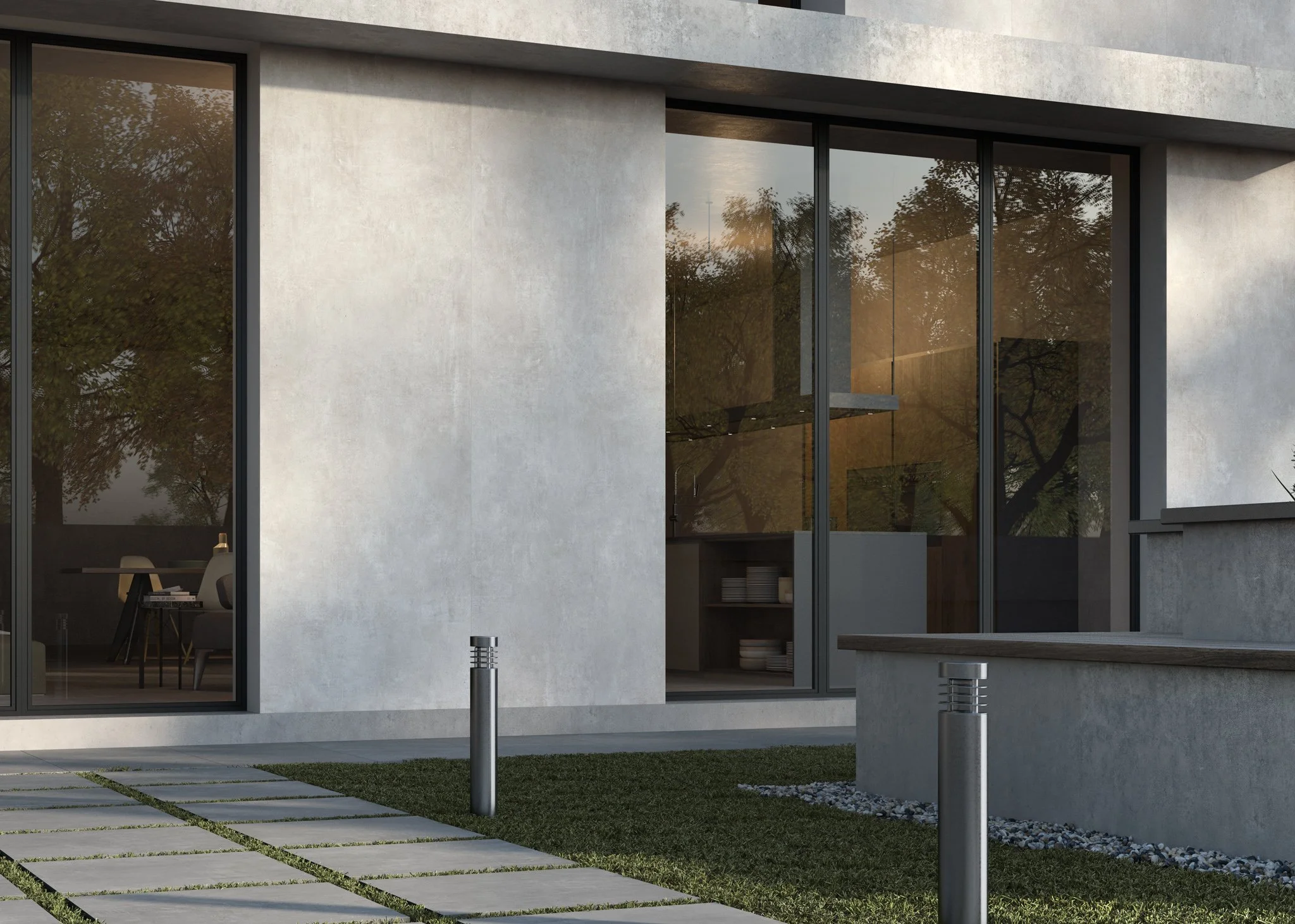 Neutral concrete-style porcelain tile enhancing modern architectural design.