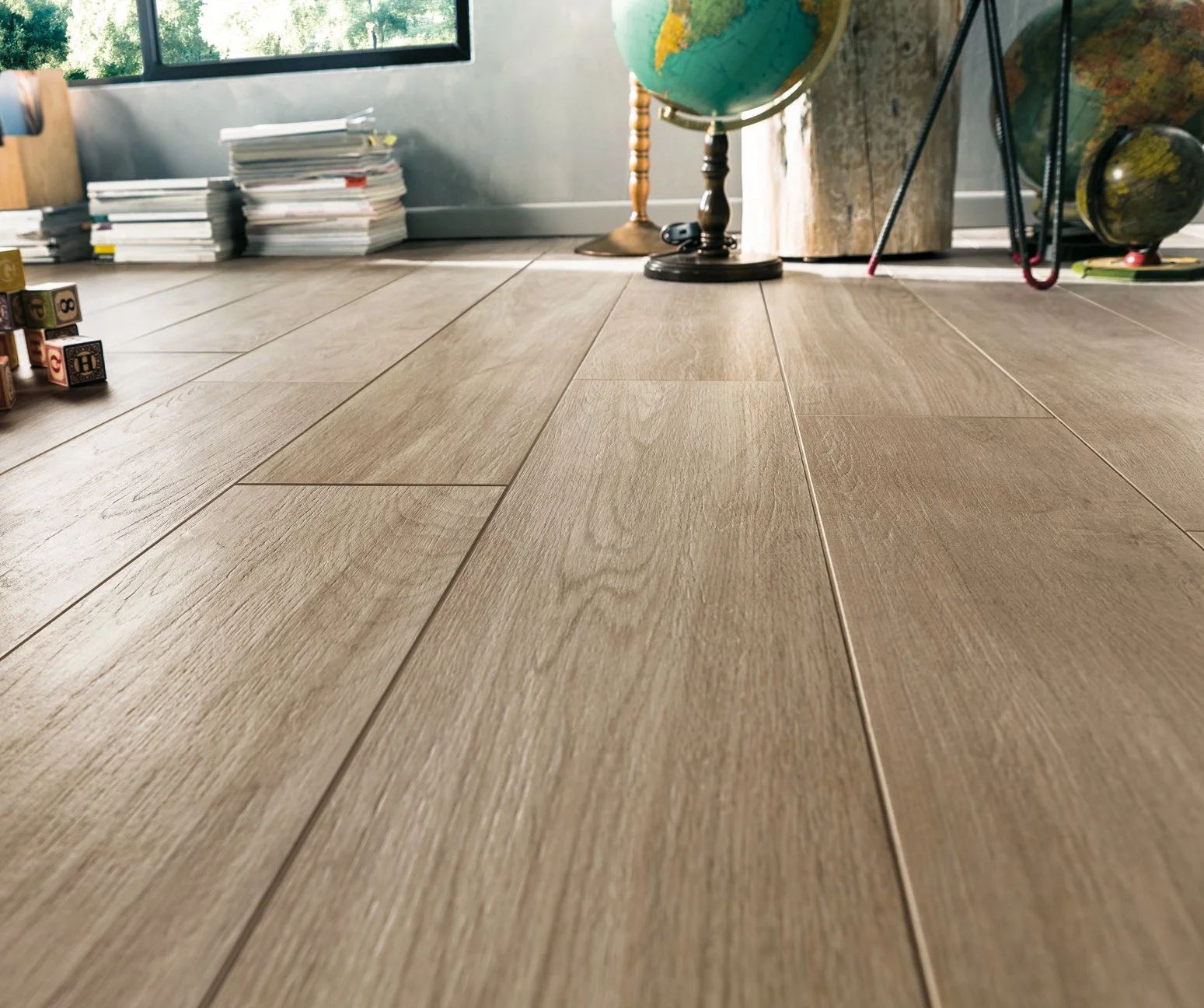Dark wood look porcelain tile adding depth and elegance to contemporary interiors.