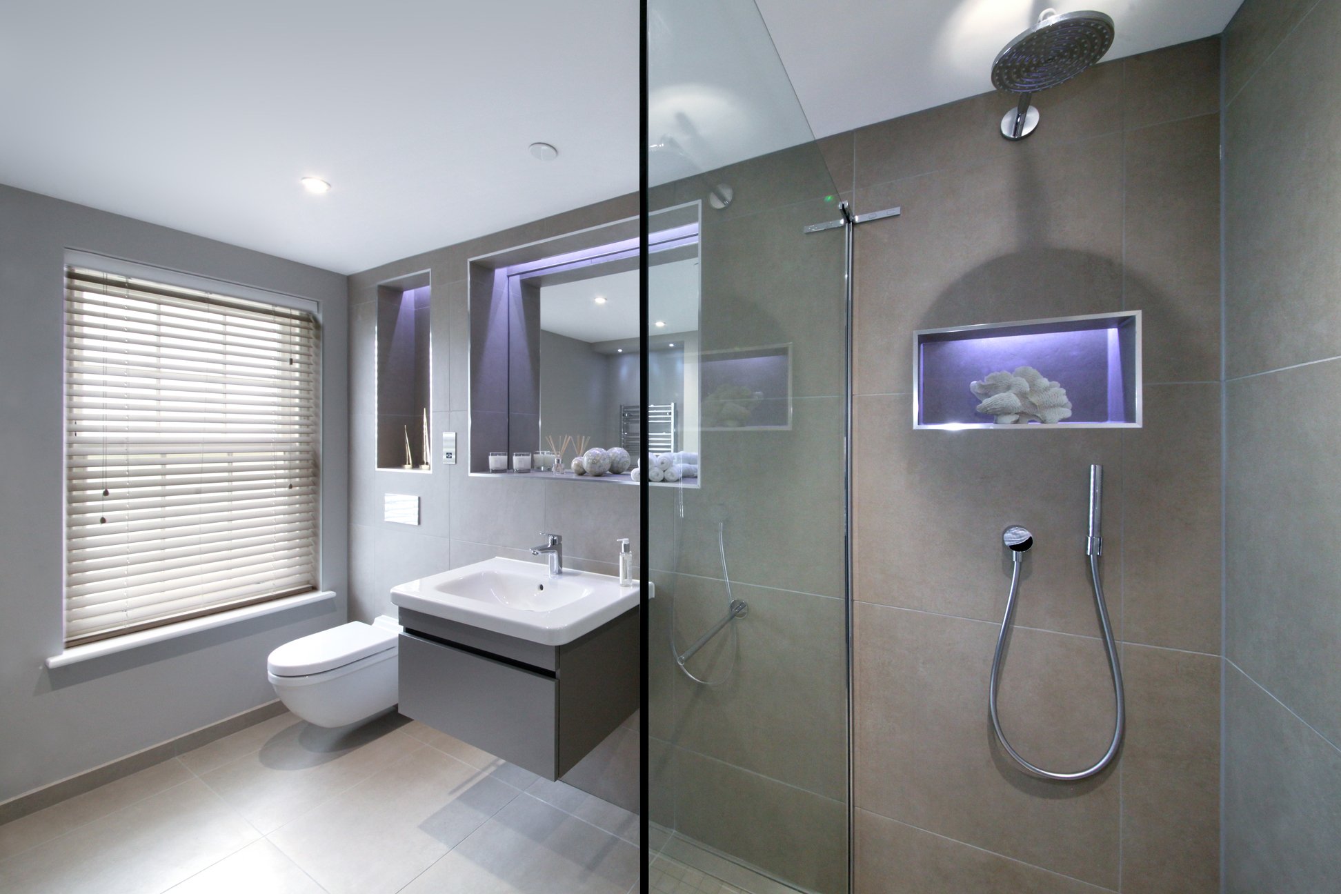 Concrete effect porcelain tile enhancing minimalist interior spaces.