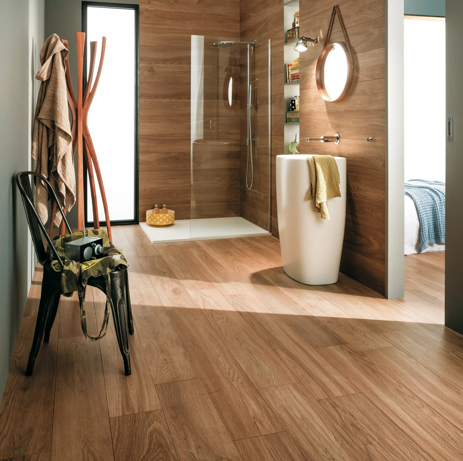 Natural wood inspired porcelain tile creating a warm and inviting interior.