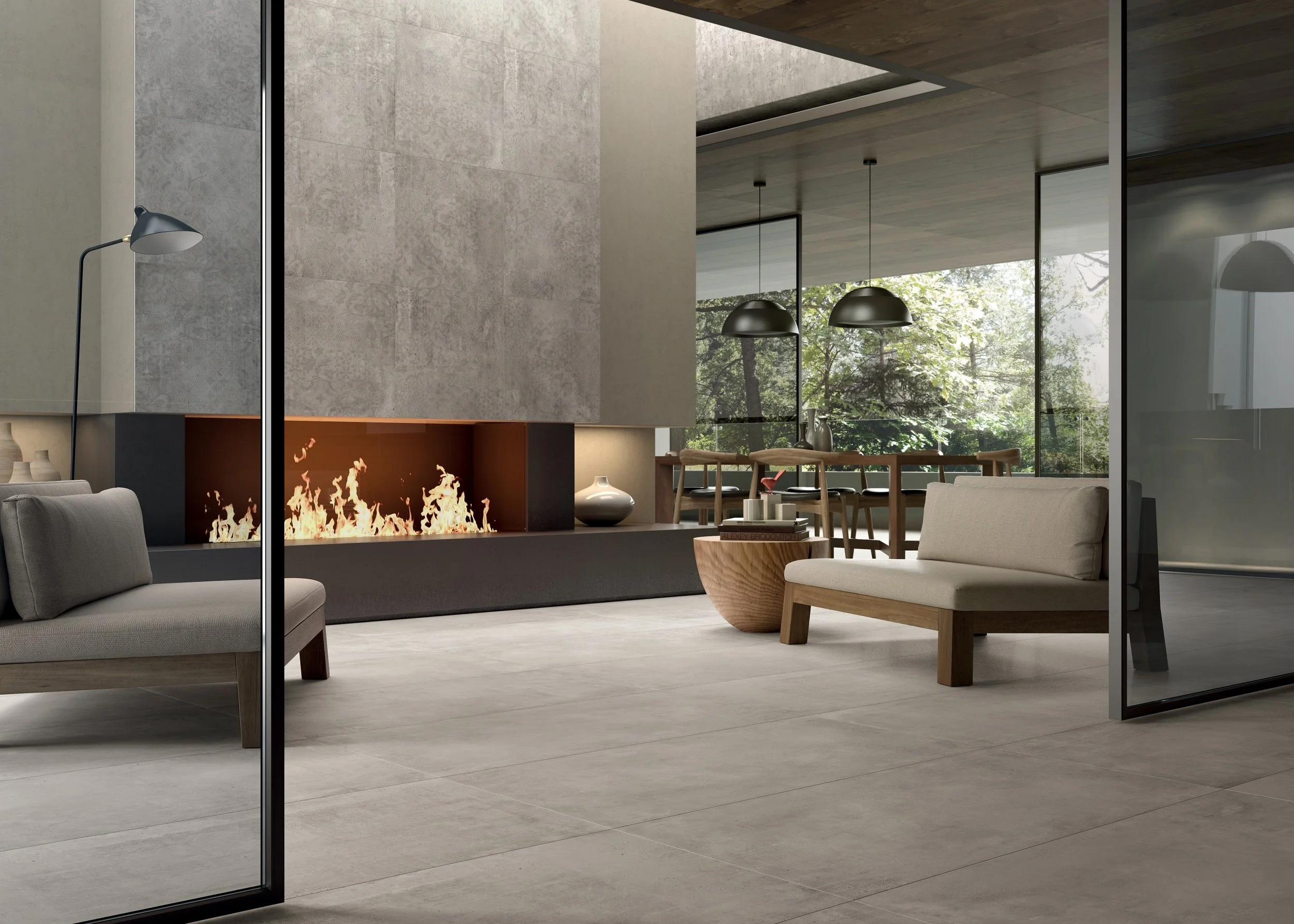 Concrete look porcelain tile showcasing a modern industrial design.