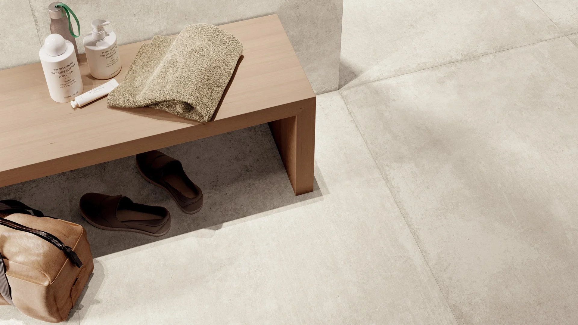 Soft grey concrete look tile delivering a modern industrial aesthetic.