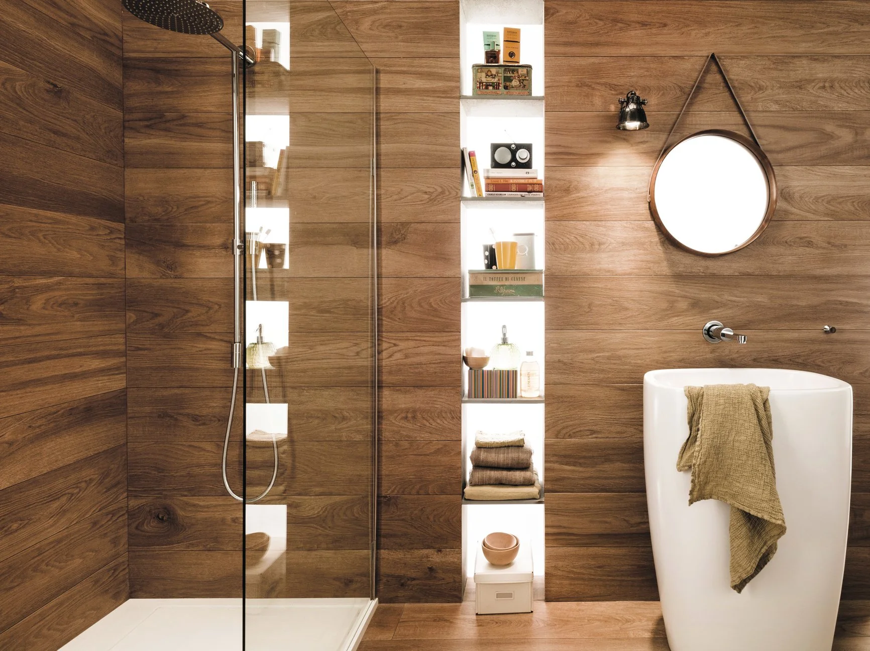 Wood look porcelain plank tile creating a refined modern interior in Toronto.