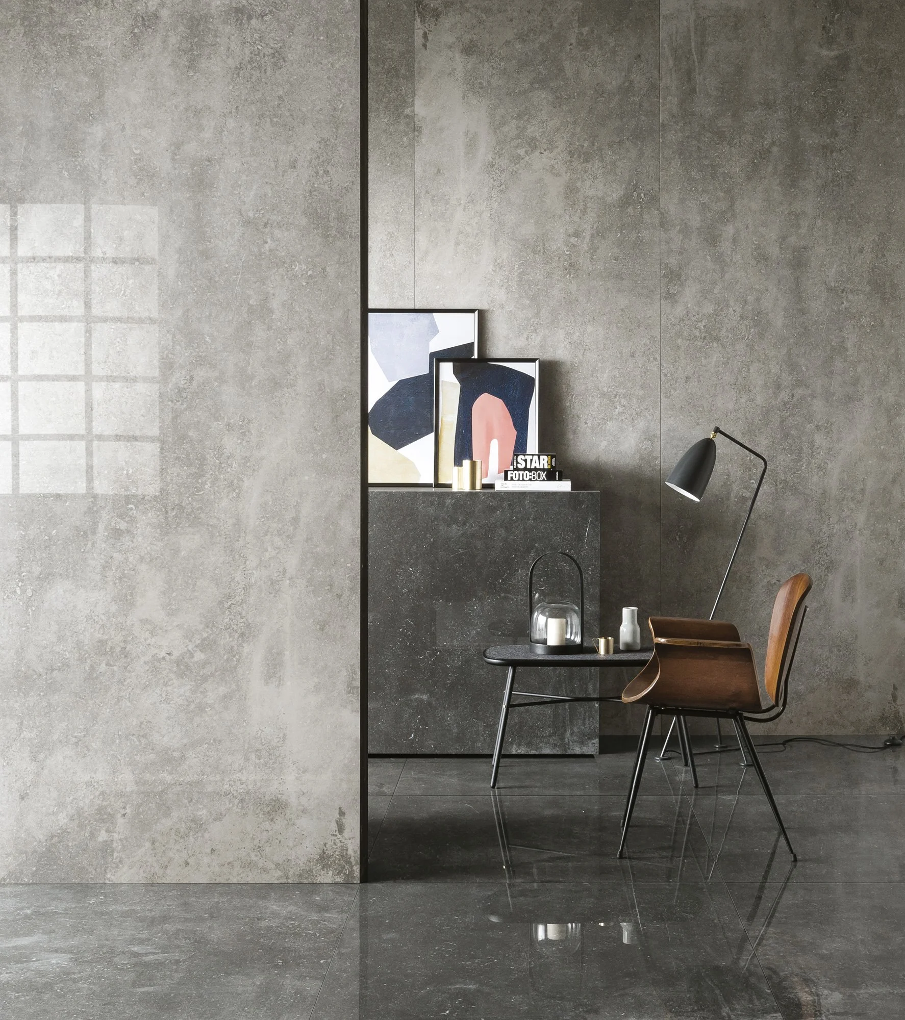 Contemporary concrete look tile creating a sleek modern environment.