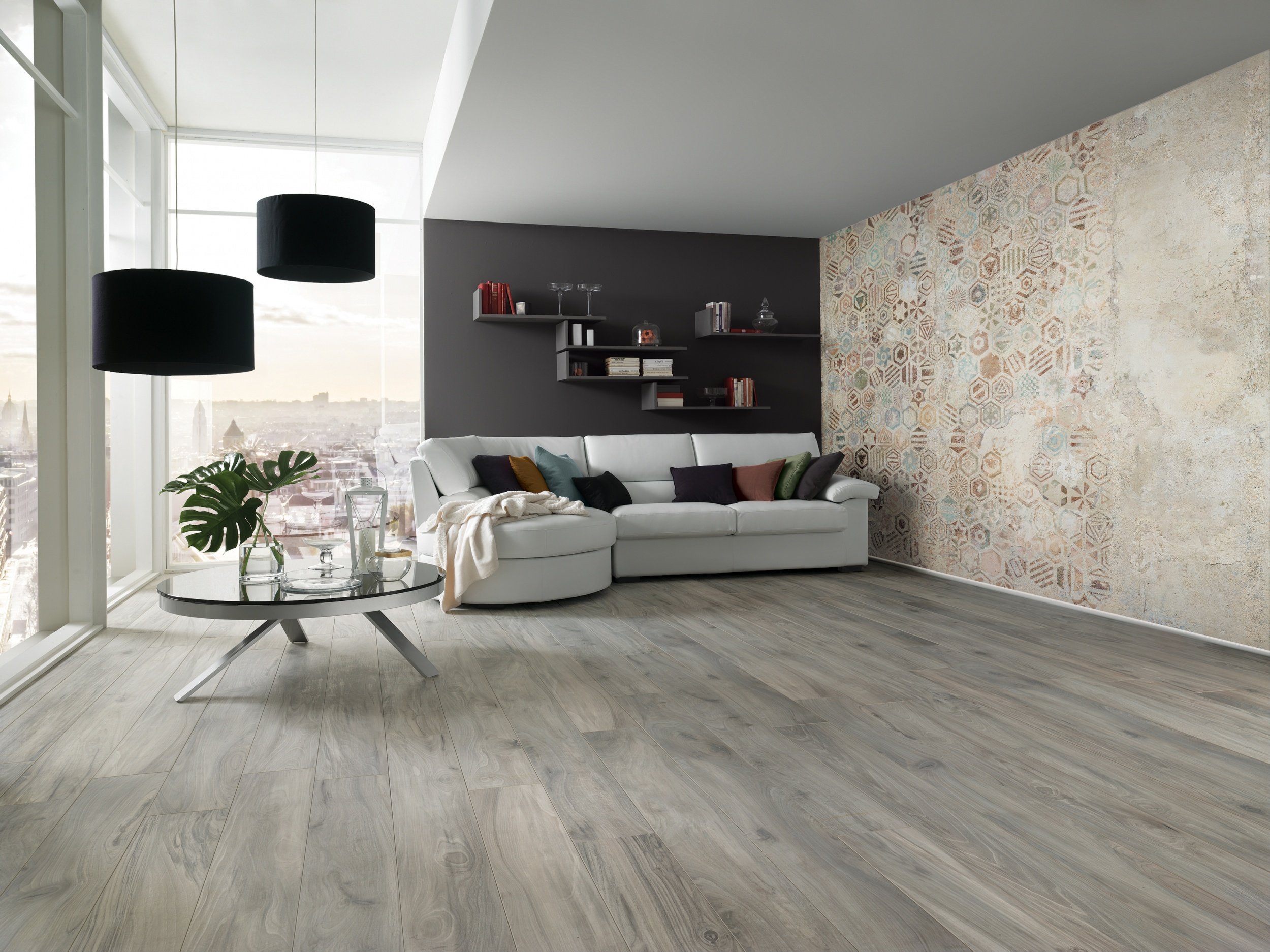 Wide plank wood look porcelain tile installed in a modern open-concept home.