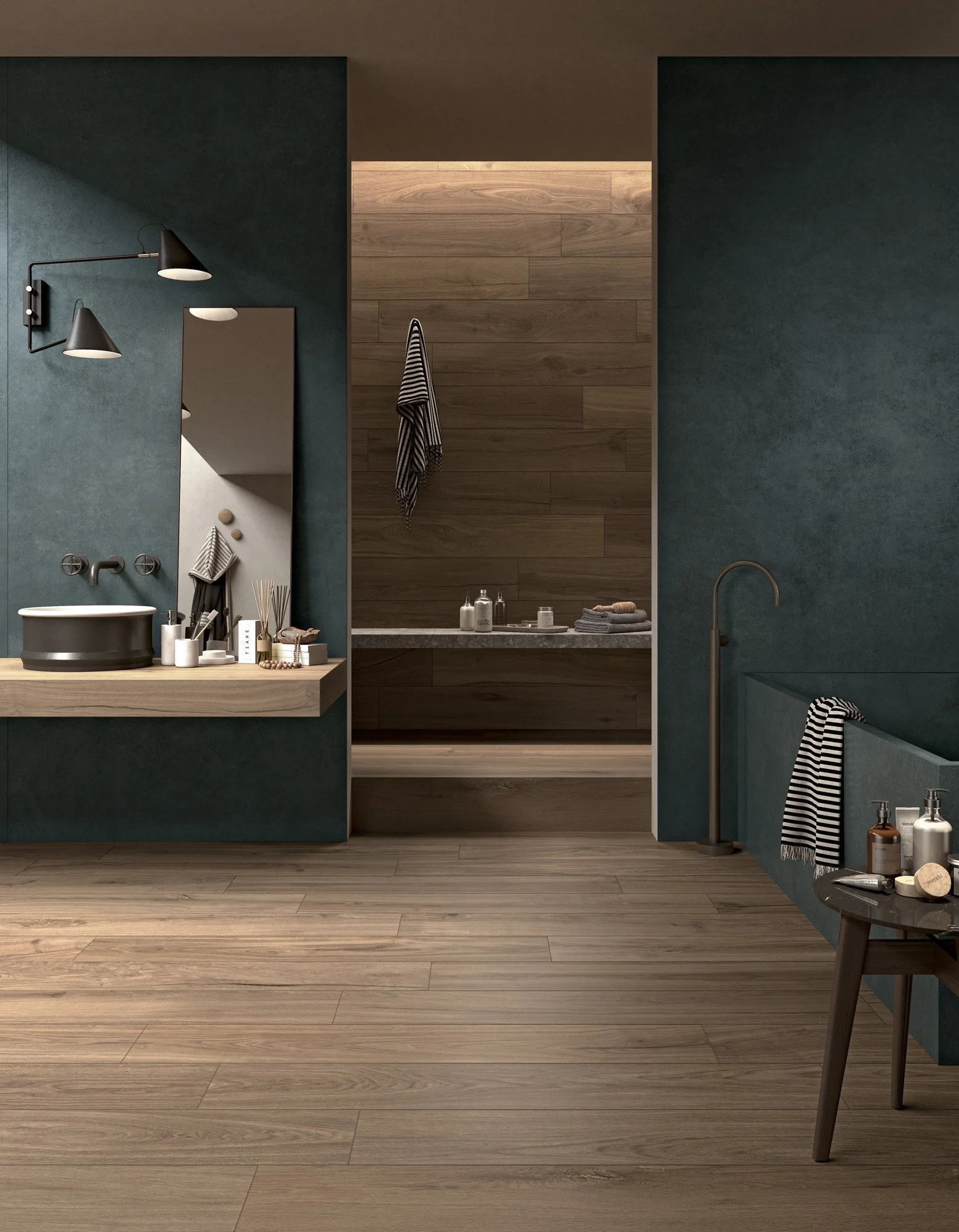Contemporary space finished with wide plank wood look porcelain tile flooring.