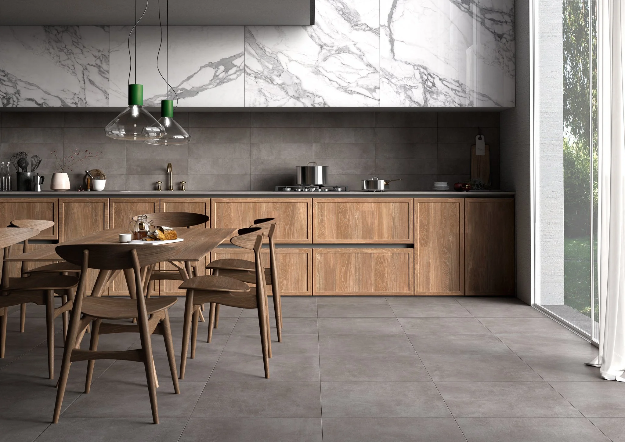 Modern concrete look tile flooring with realistic cement texture.