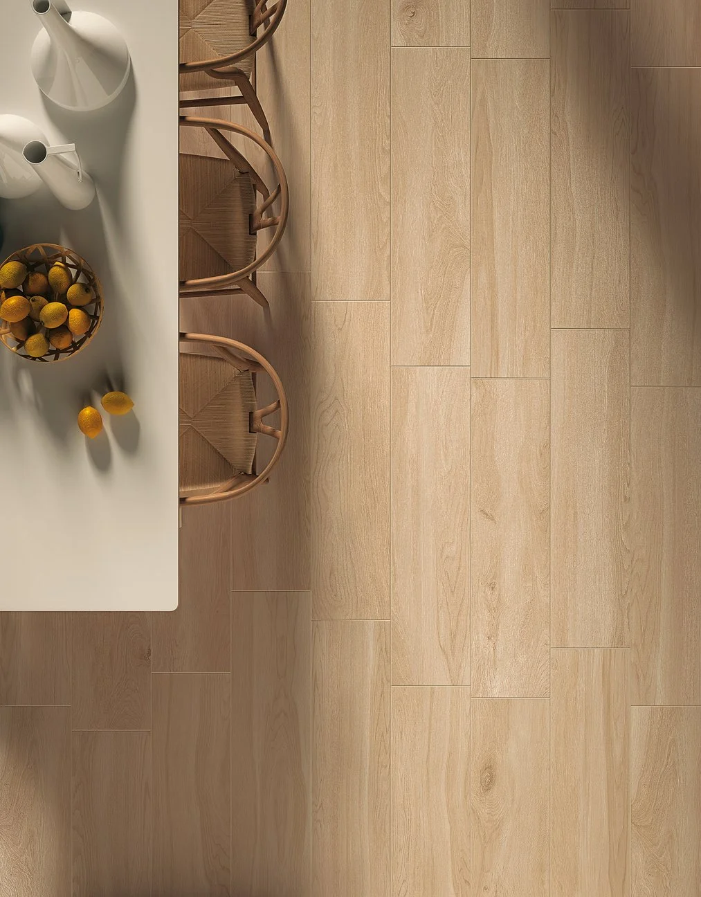 Wide plank wood look porcelain tile creating a balanced modern aesthetic.