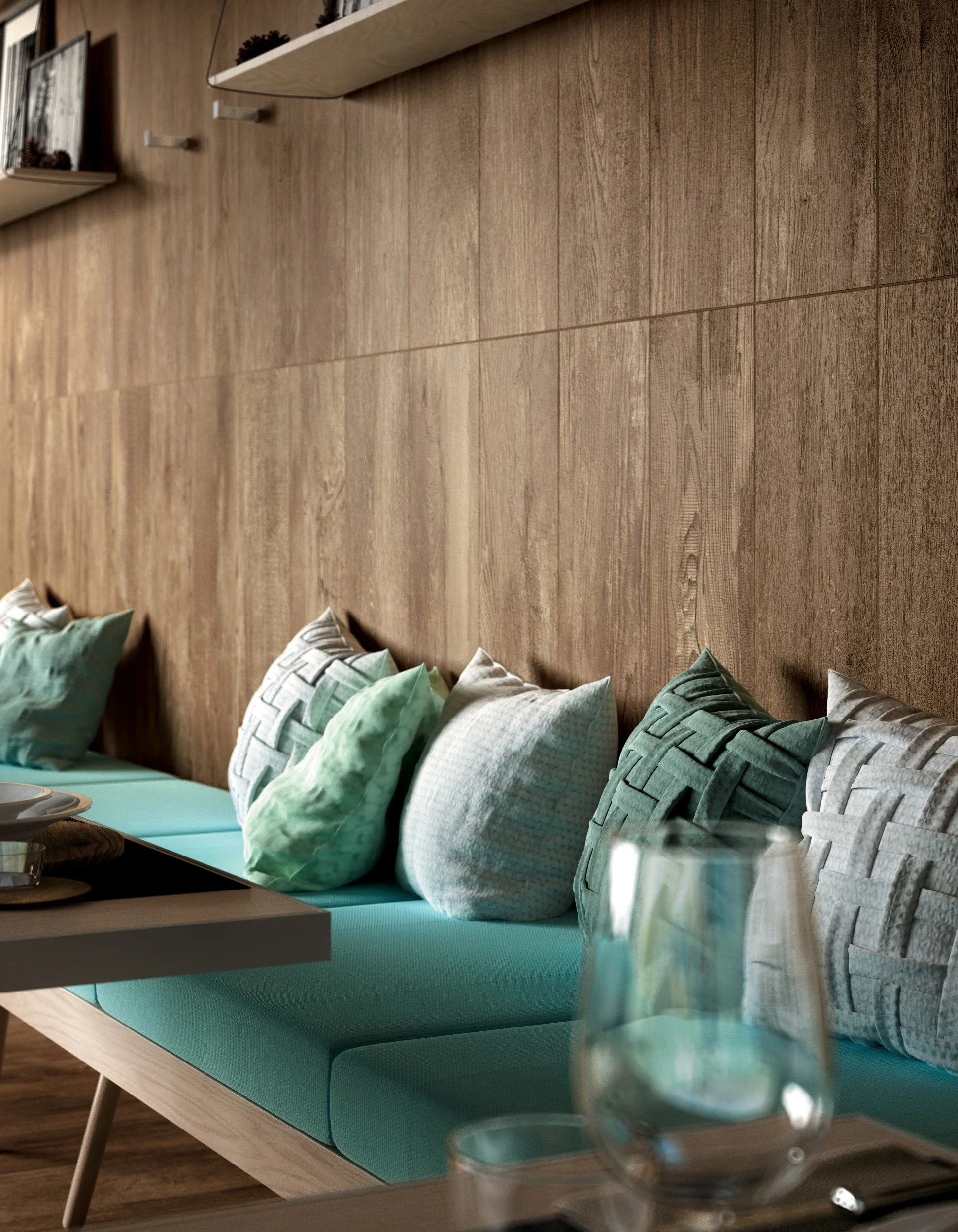 Wide plank wood look porcelain tile enhancing a clean and modern Toronto interior.