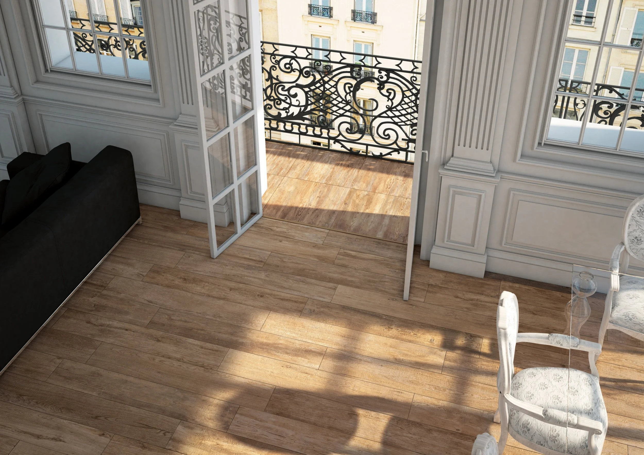 Modern interior showcasing wide plank porcelain tile with wood-inspired texture.