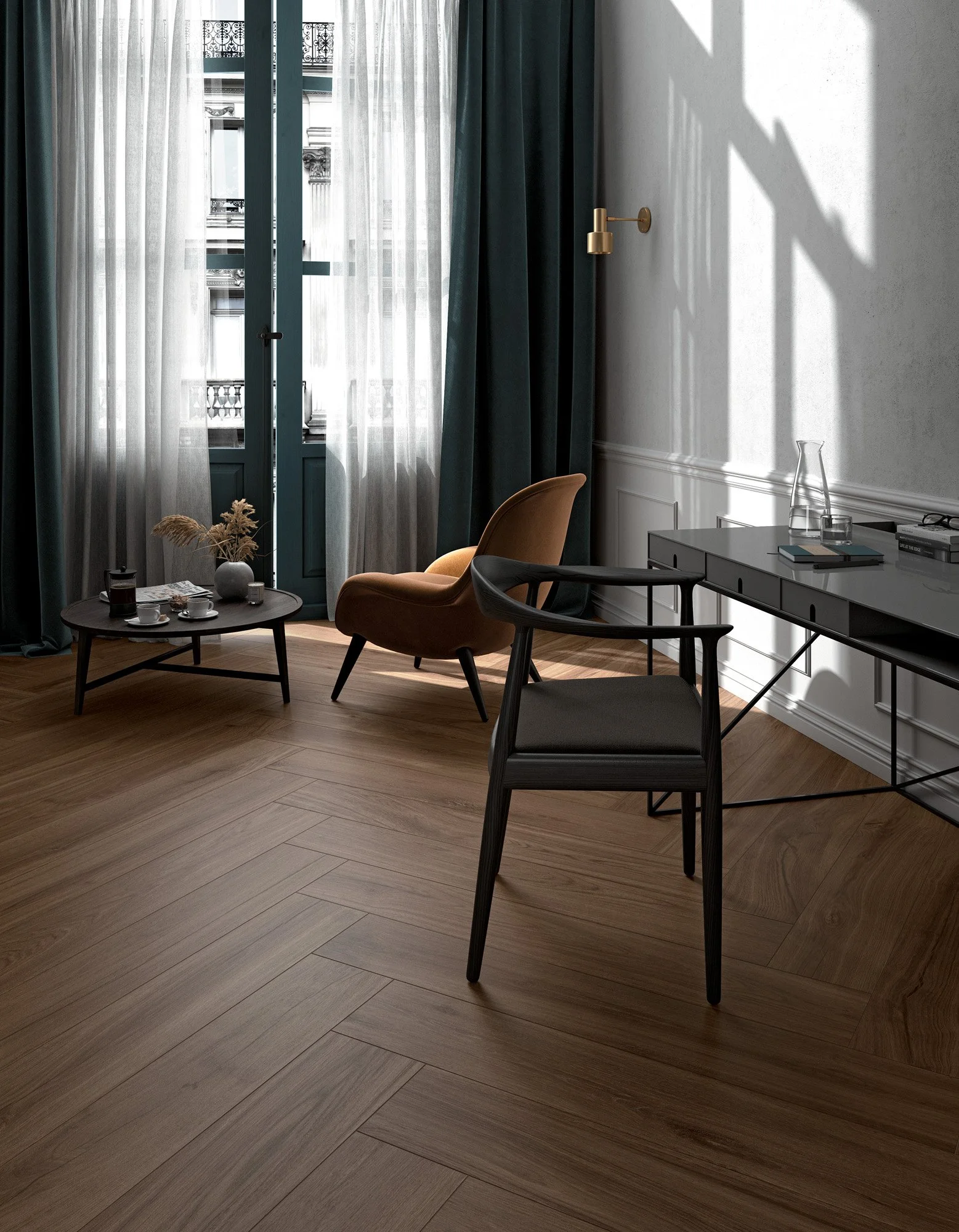 Wood look porcelain plank tile installed in a sleek and modern Toronto residence.