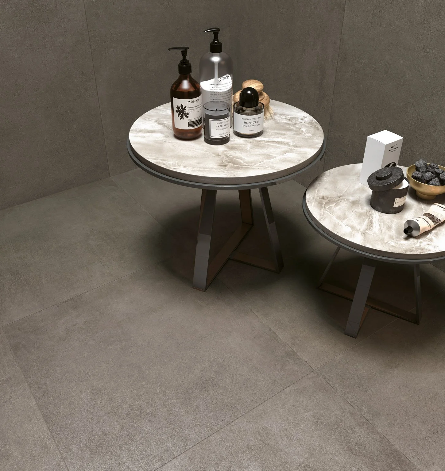 Matte grey concrete tile flooring with a timeless aesthetic.