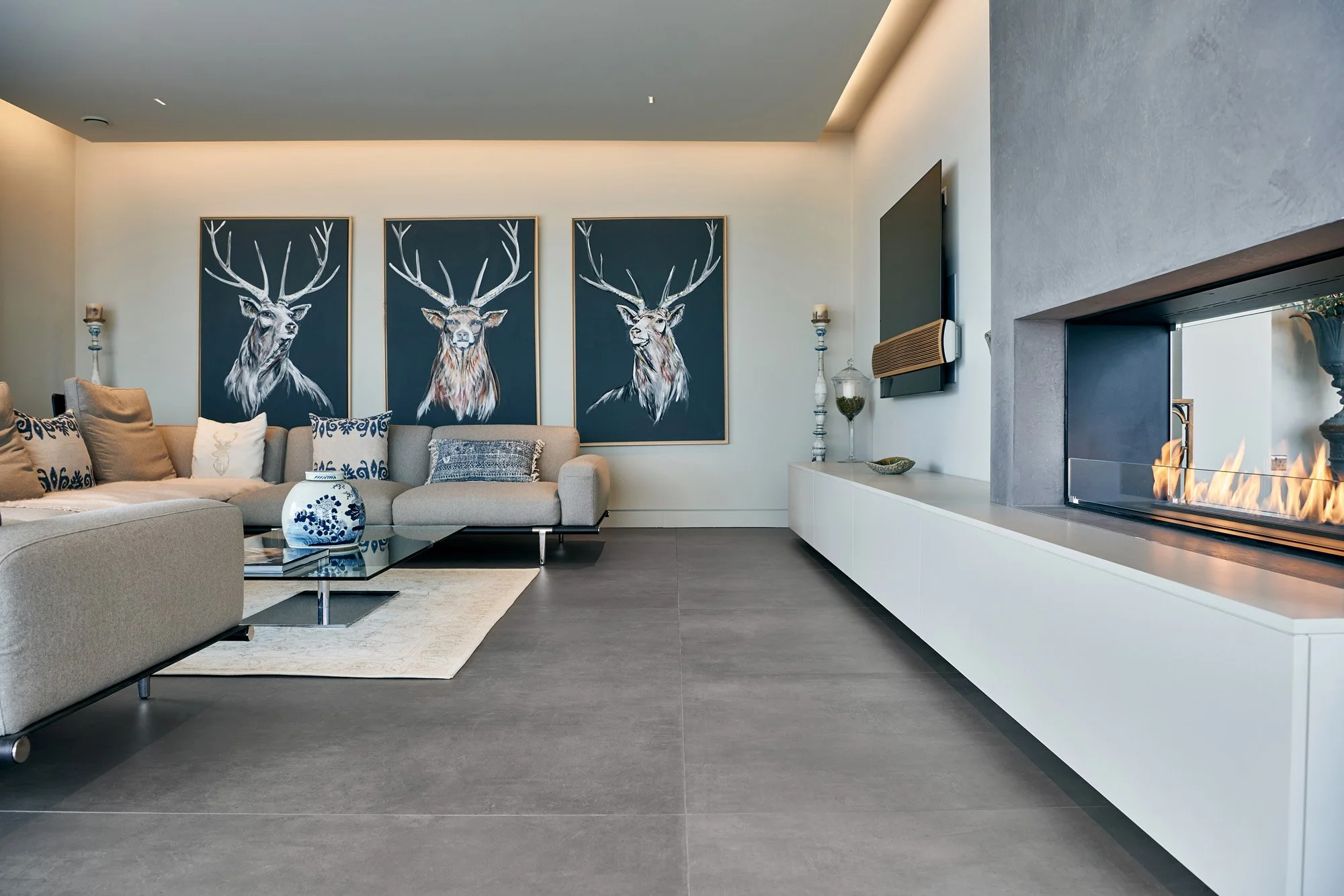 Industrial modern concrete look tile with soft tonal variation.