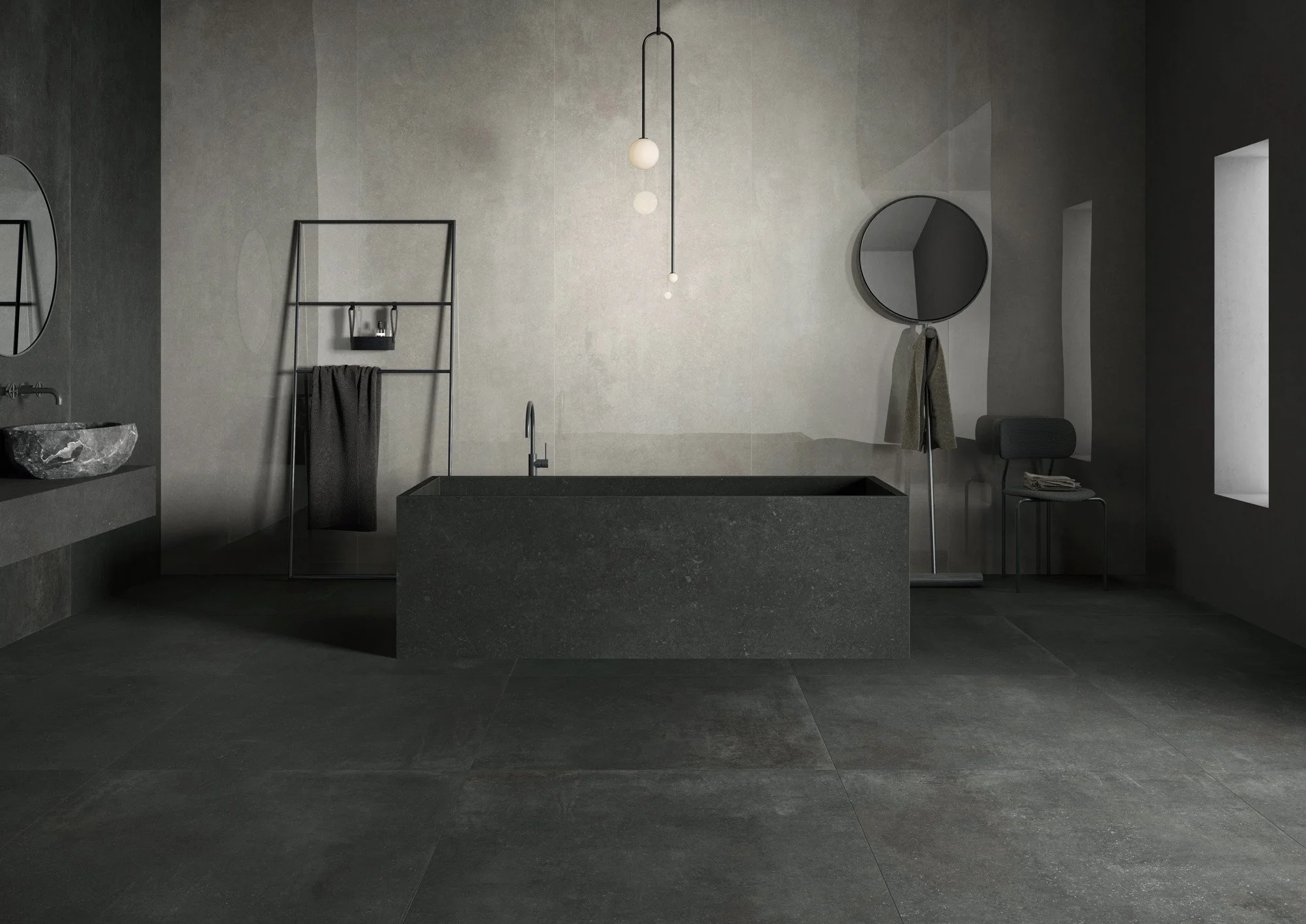 Concrete look porcelain tile enhancing modern architectural interiors.