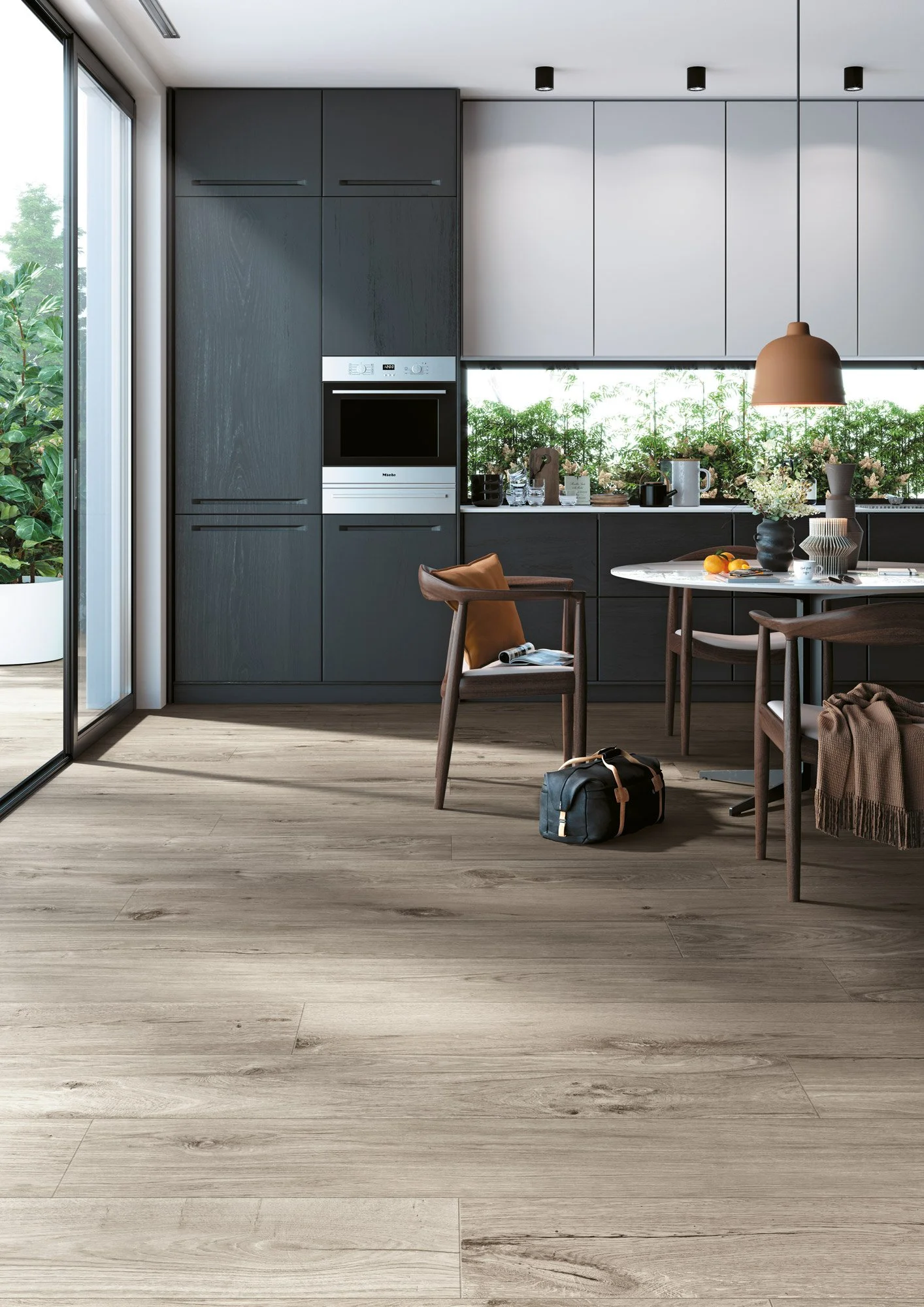 Wide plank porcelain wood look flooring with clean lines and modern style.