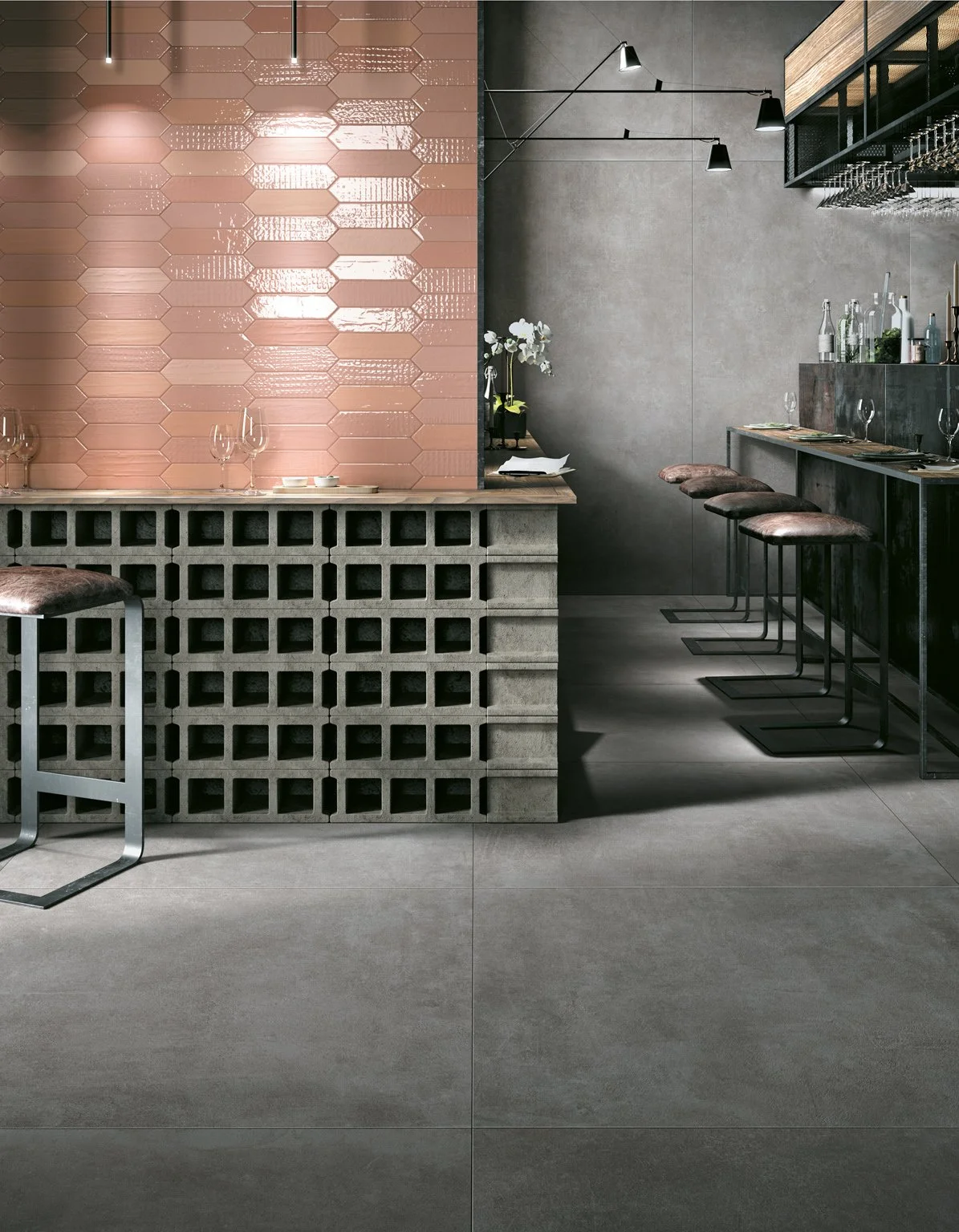 Concrete look porcelain tile designed for modern residential interiors.