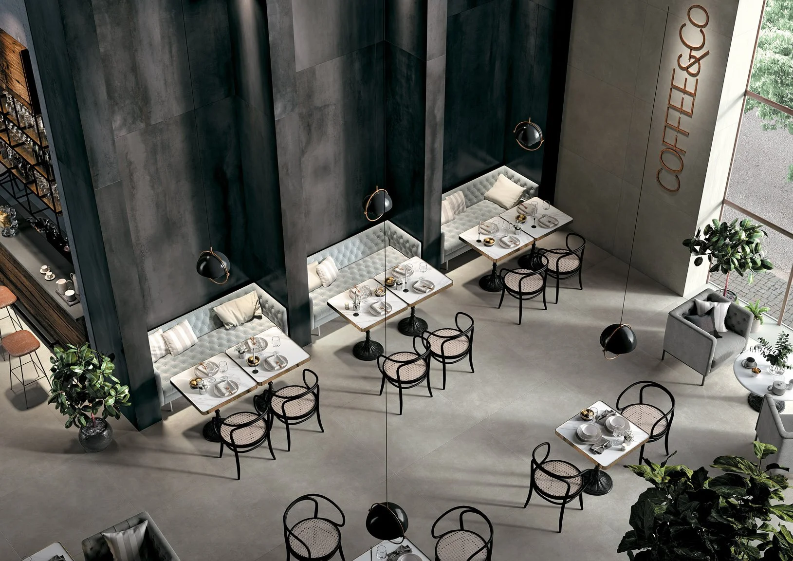 Modern interior finished with concrete look porcelain tile flooring.