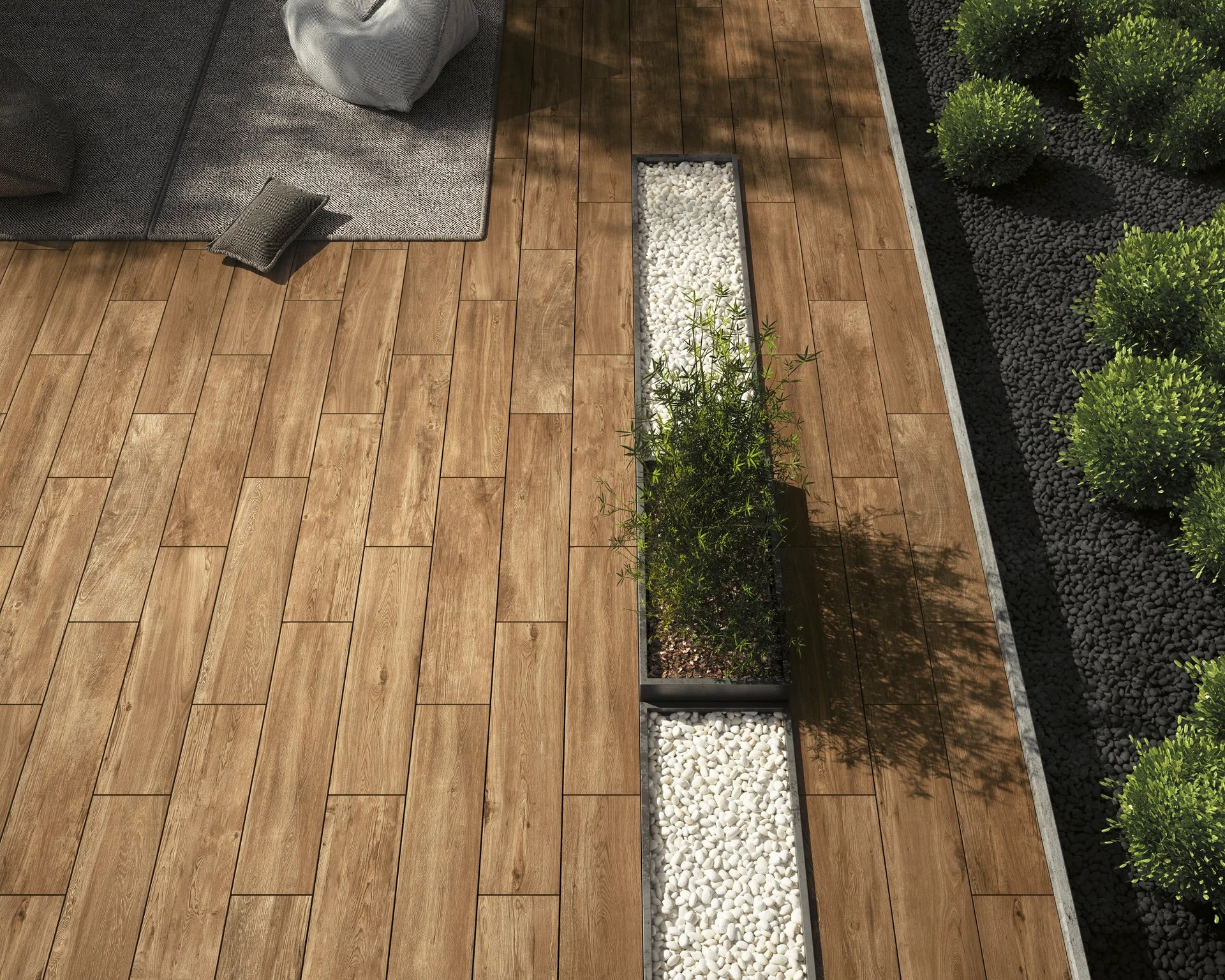 Wide plank wood look porcelain tile with realistic texture in a Toronto residence.