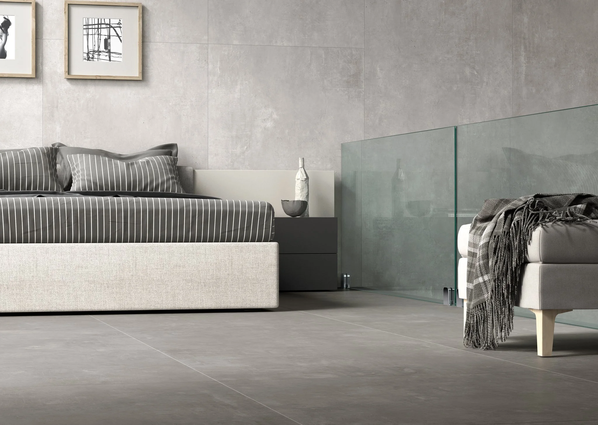 Industrial-inspired concrete look porcelain tile with a smooth matte finish.