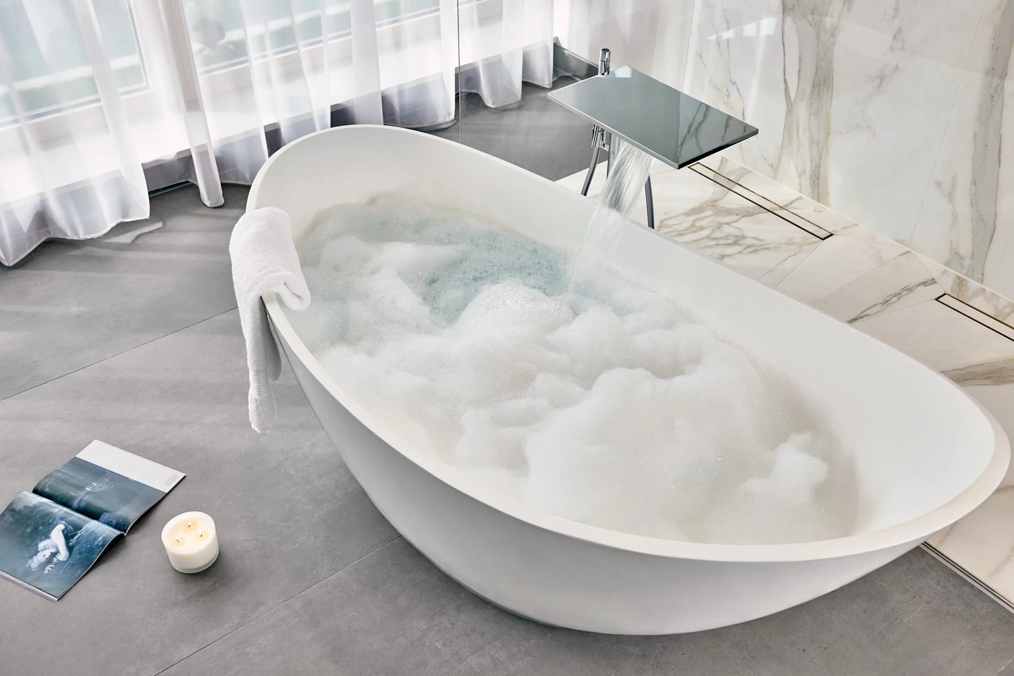 Modern concrete look tile suitable for condos and commercial spaces.