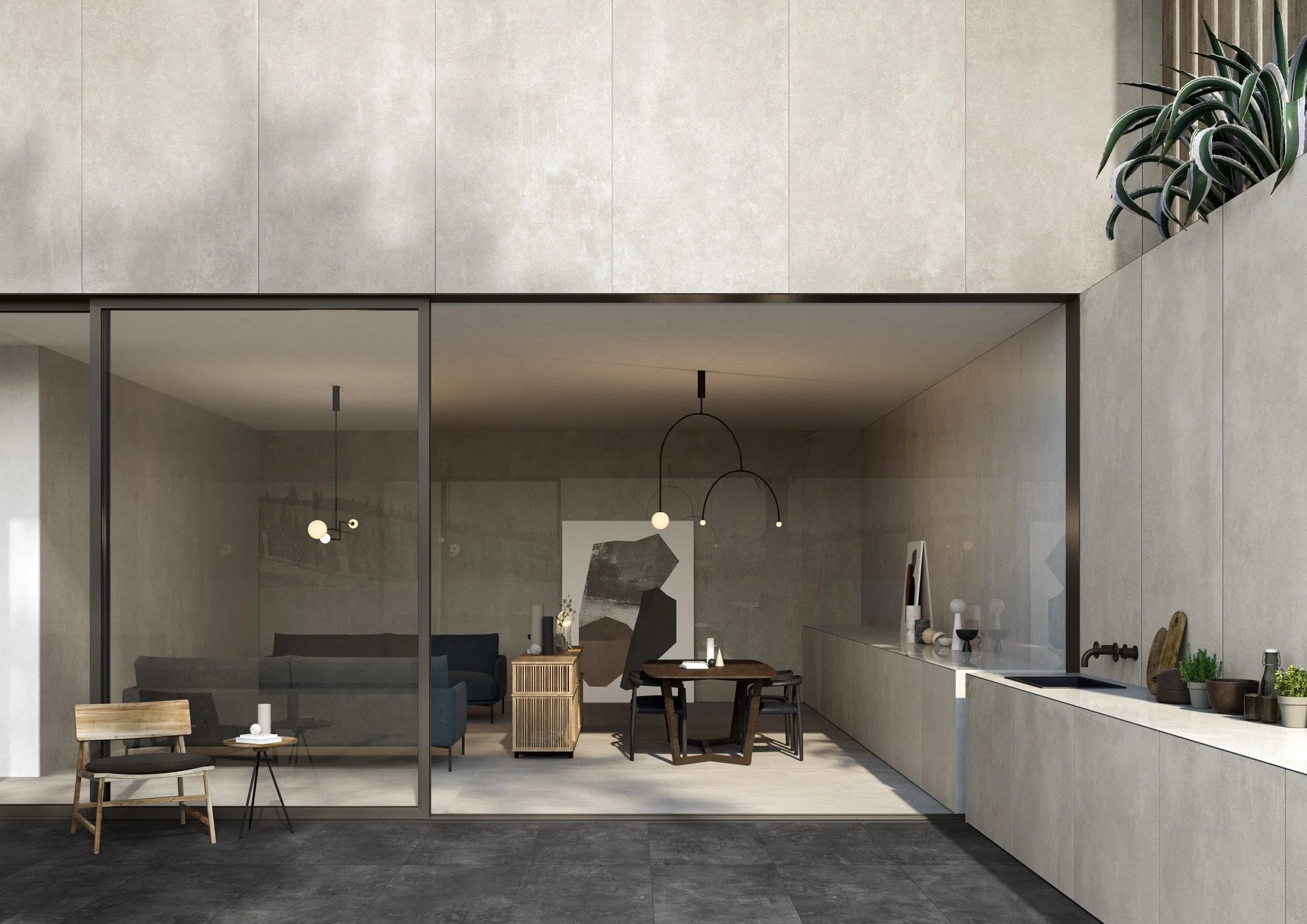 Concrete look porcelain tile offering durability and modern elegance.